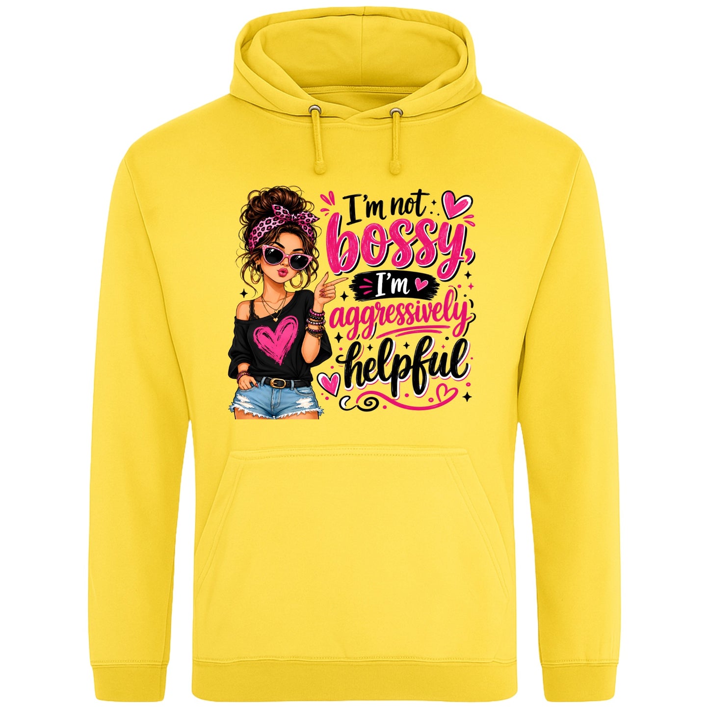 Yellow unisex T-shirt featuring the funny "I'm Not Bossy, I'm Aggressively Helpful" slogan with a stylish illustrated woman graphic, a sarcastic graphic tee for confident women.