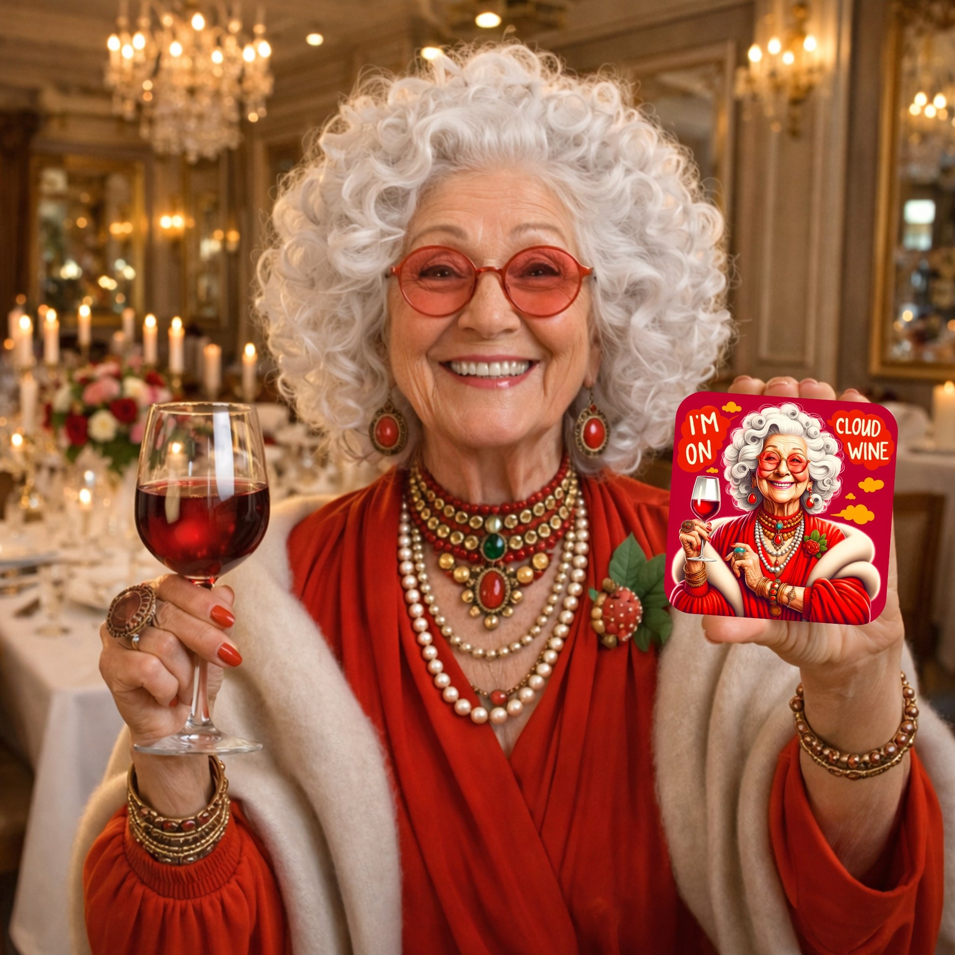 Lifestyle mockup of a smiling glamorous grandma holding a glass of red wine and the I'm On Cloud Wine coaster in an elegant dining room, showcasing a funny wine coaster for wine lovers and a colourful wine lover gift.