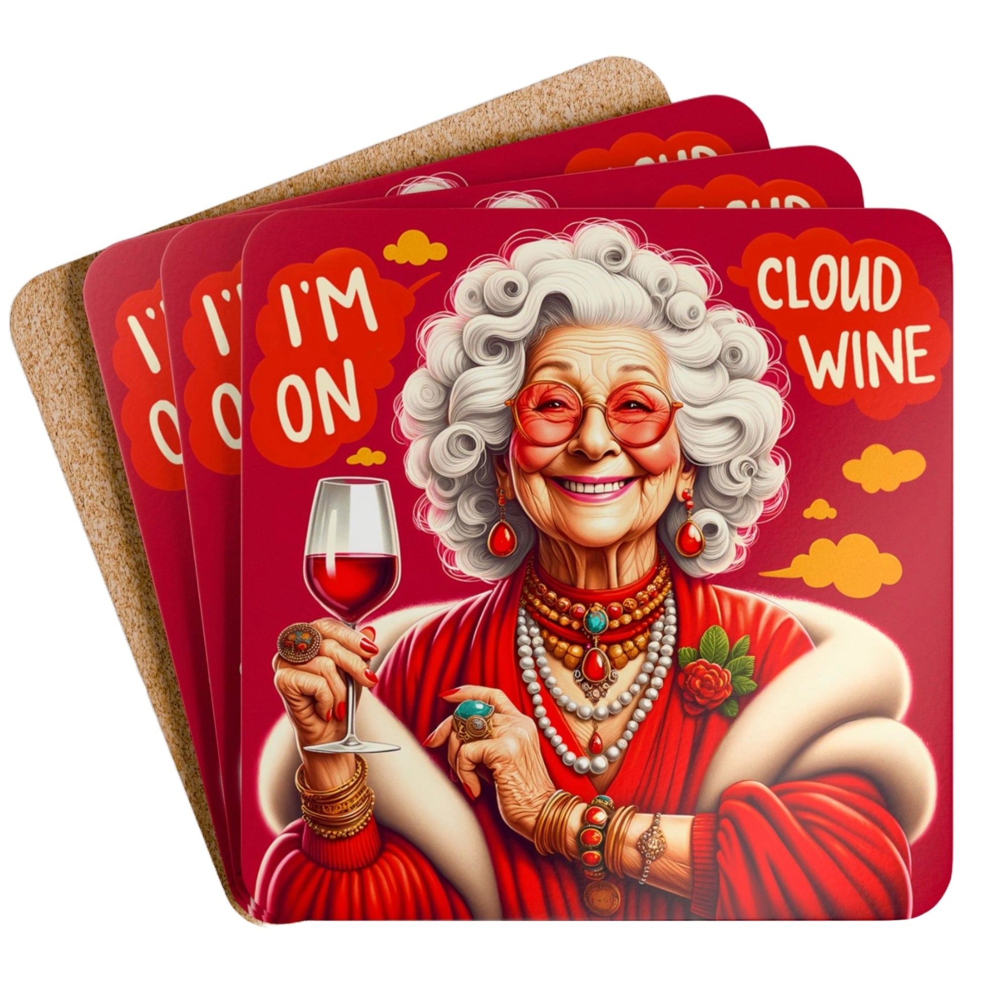 Funny I'm On Cloud Wine coasters set of 4 featuring a glamorous grandma in a red outfit holding a glass of red wine, perfect as a wine lover gift, funny wine coaster, and colourful drink coaster for home bars and kitchens.