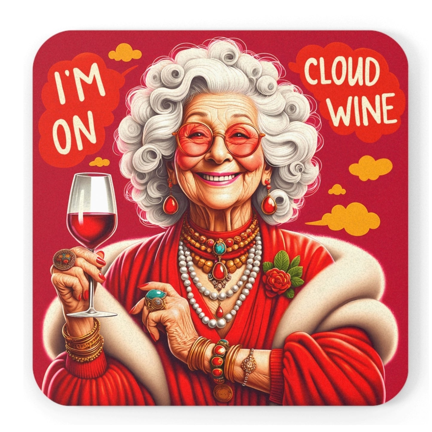 Funny I'm On Cloud Wine coasters featuring a glamorous grandma in a red outfit holding a glass of red wine, perfect as a wine lover gift, funny wine coaster, and colourful drink coaster for home bars and kitchens.