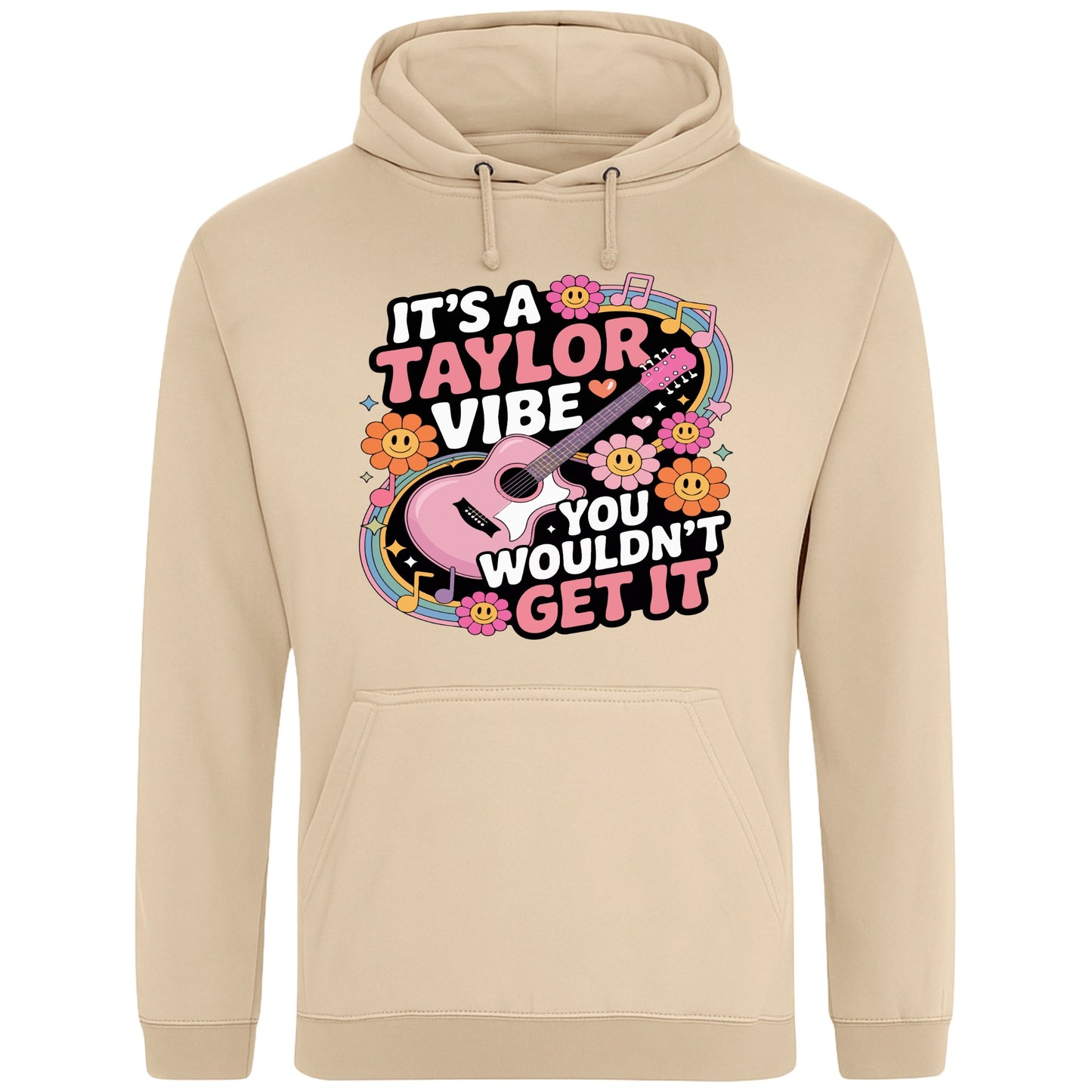 Nude colour It's A Taylor Vibe You Wouldn't Get It retro music fan hoodie in pink featuring a colourful guitar, flowers, rainbow accents, musical notes, and playful typography for pop music lovers and concert fans.