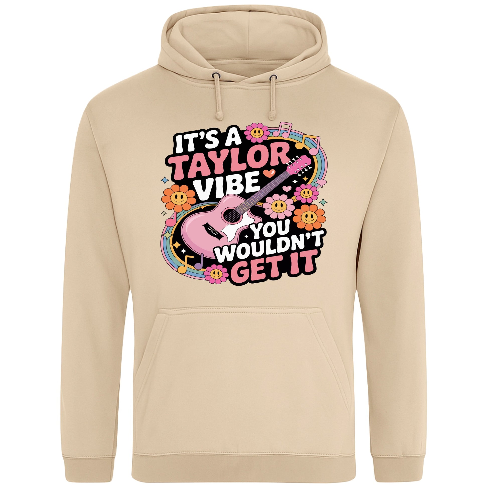 Nude colour It's A Taylor Vibe You Wouldn't Get It retro music fan hoodie in pink featuring a colourful guitar, flowers, rainbow accents, musical notes, and playful typography for pop music lovers and concert fans.