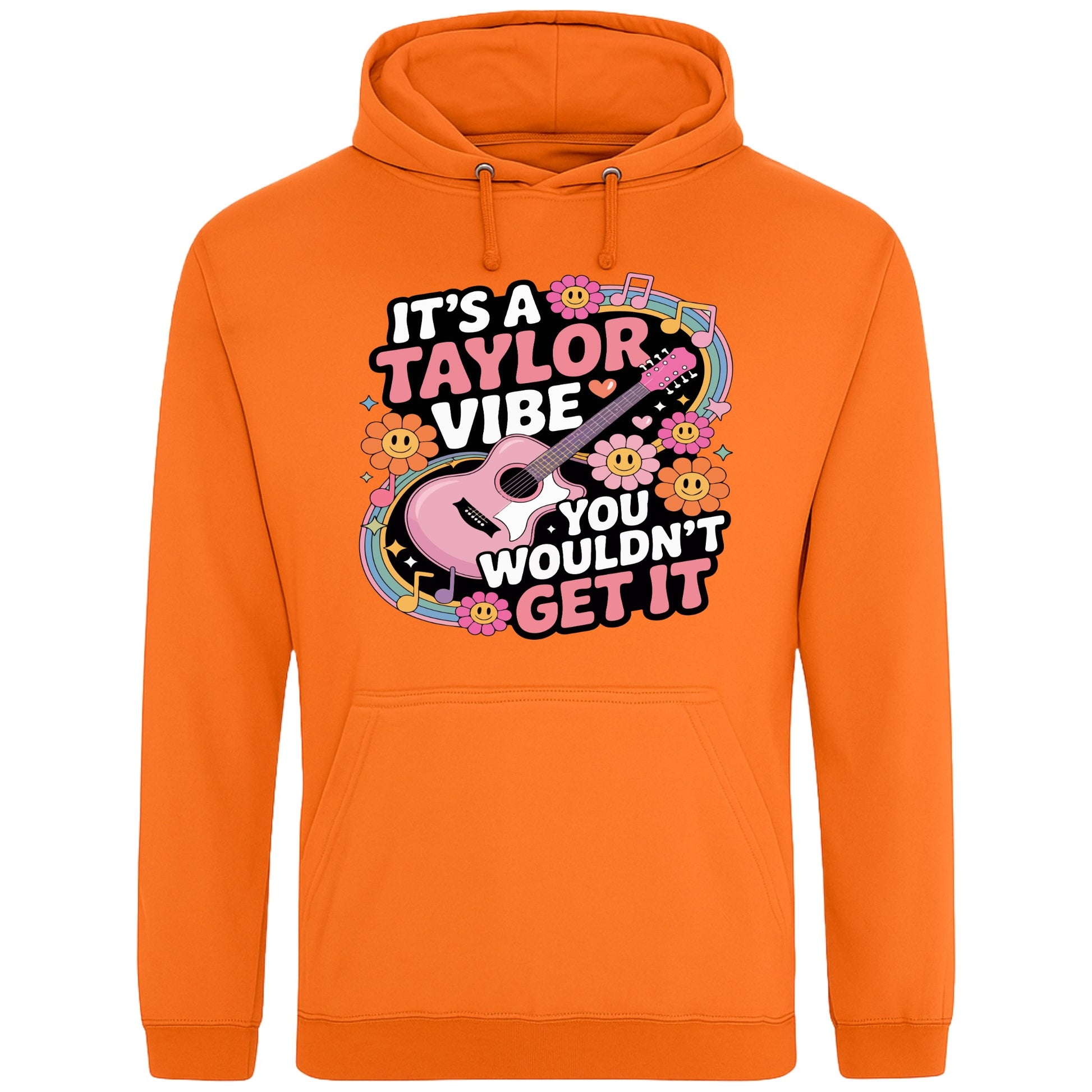 Orange It's A Taylor Vibe You Wouldn't Get It retro music fan hoodie in pink featuring a colourful guitar, flowers, rainbow accents, musical notes, and playful typography for pop music lovers and concert fans.