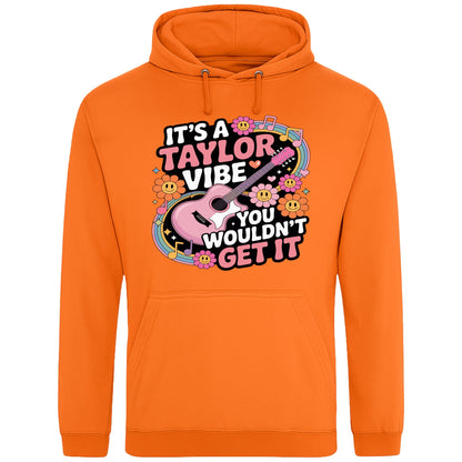 Orange It's A Taylor Vibe You Wouldn't Get It retro music fan hoodie in pink featuring a colourful guitar, flowers, rainbow accents, musical notes, and playful typography for pop music lovers and concert fans.