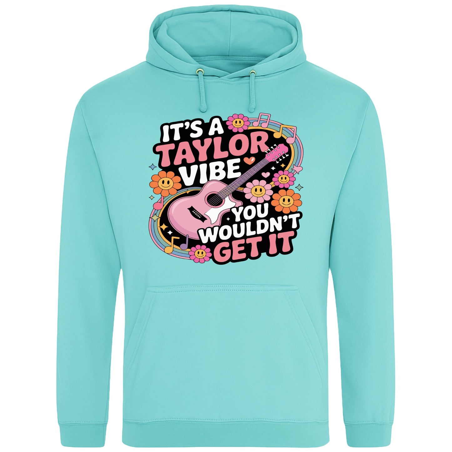 Peppermint colour It's A Taylor Vibe You Wouldn't Get It retro music fan hoodie in pink featuring a colourful guitar, flowers, rainbow accents, musical notes, and playful typography for pop music lovers and concert fans.