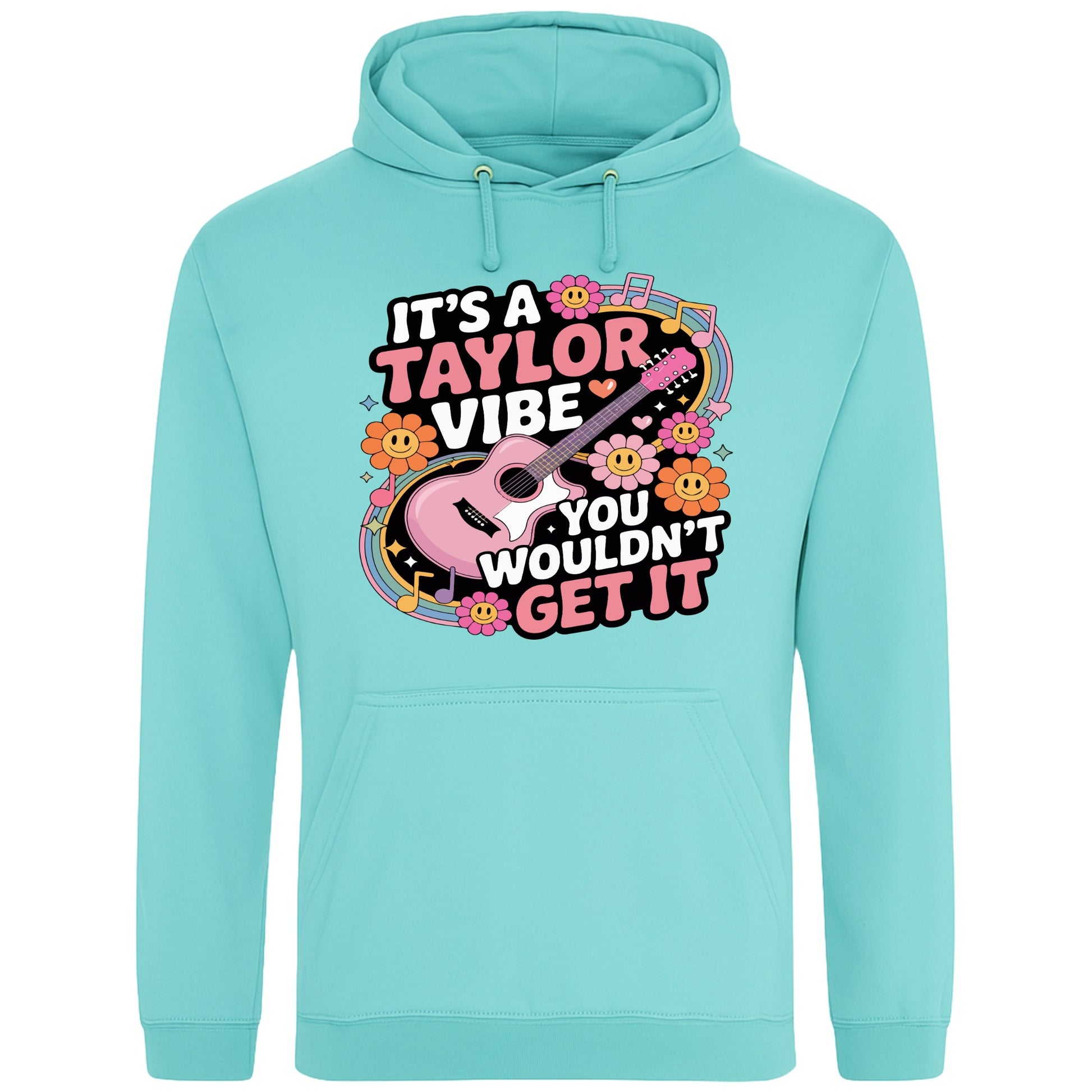 Peppermint colour It's A Taylor Vibe You Wouldn't Get It retro music fan hoodie in pink featuring a colourful guitar, flowers, rainbow accents, musical notes, and playful typography for pop music lovers and concert fans.