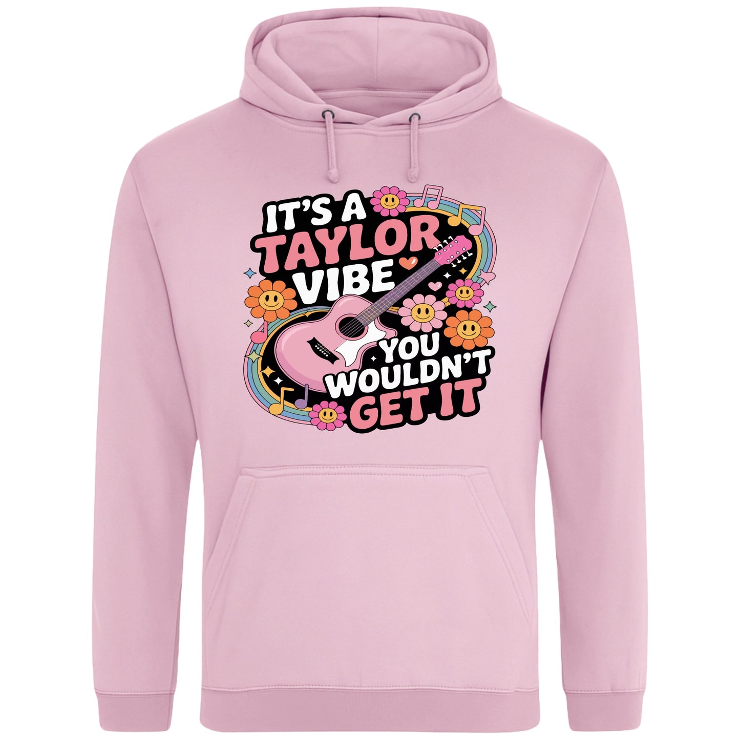 Pink It's A Taylor Vibe You Wouldn't Get It retro music fan hoodie in pink featuring a colourful guitar, flowers, rainbow accents, musical notes, and playful typography for pop music lovers and concert fans.