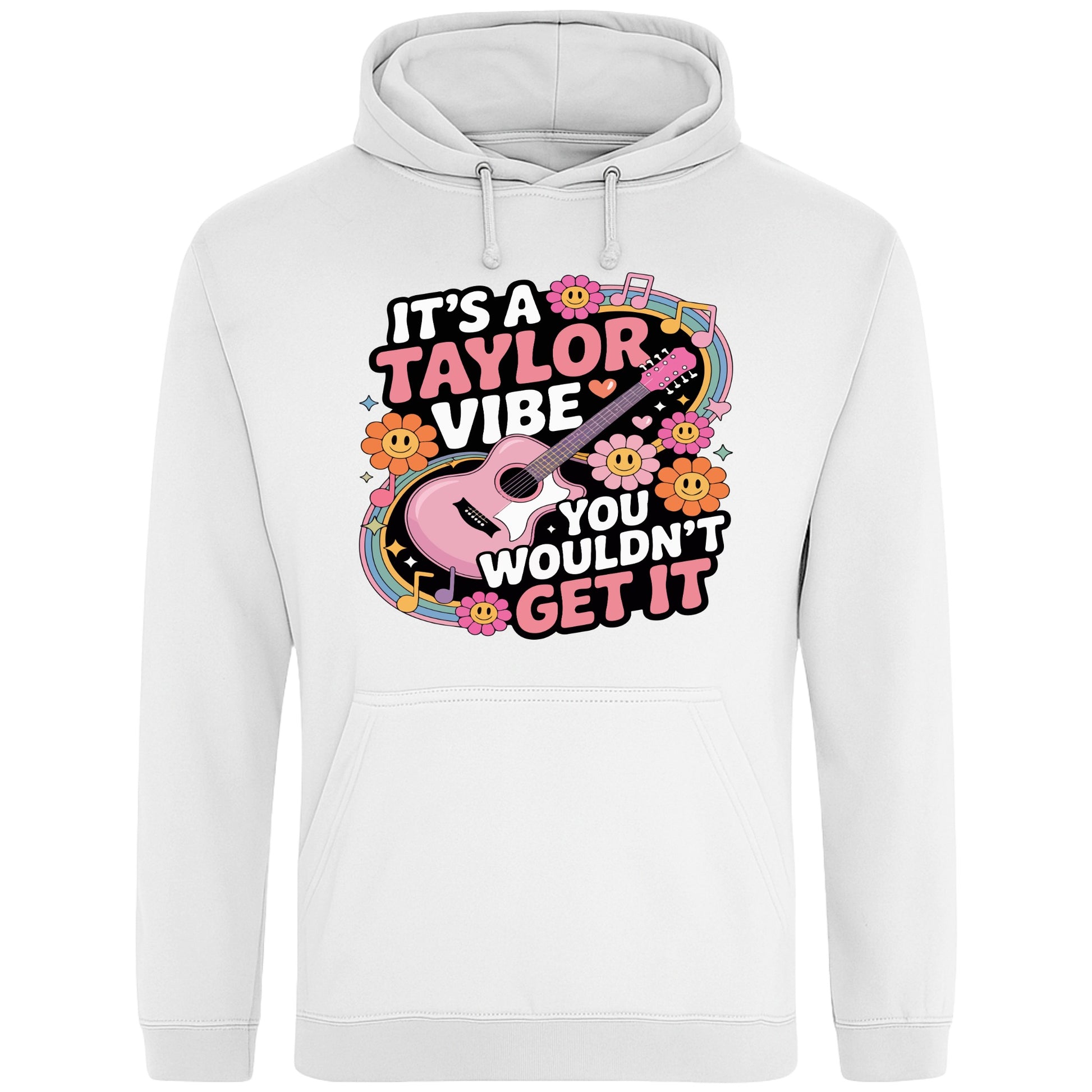 White It's A Taylor Vibe You Wouldn't Get It retro music fan hoodie in pink featuring a colourful guitar, flowers, rainbow accents, musical notes, and playful typography for pop music lovers and concert fans.
