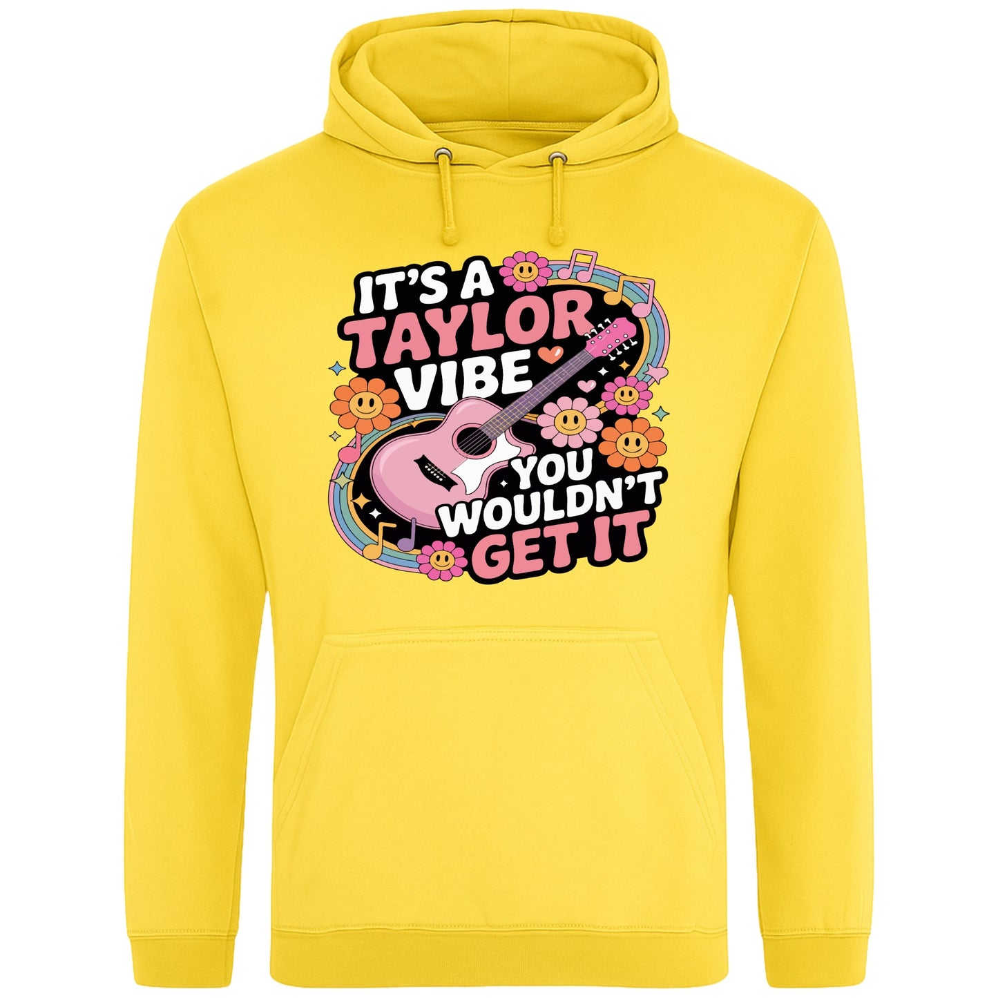 Yellow It's A Taylor Vibe You Wouldn't Get It retro music fan hoodie in pink featuring a colourful guitar, flowers, rainbow accents, musical notes, and playful typography for pop music lovers and concert fans.