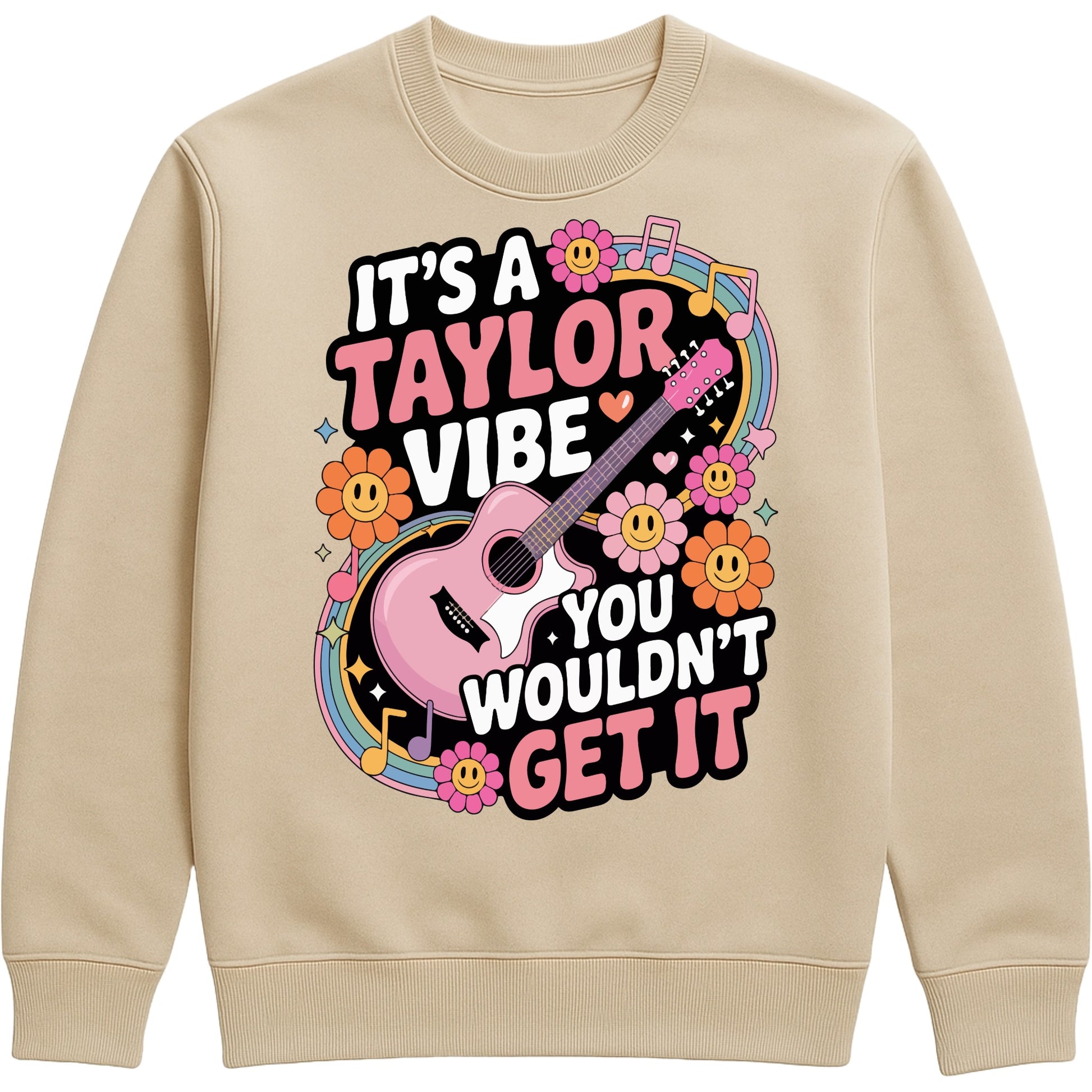Cosy nude colour It's A Taylor Vibe You Wouldn't Get It retro music fan sweatshirt in pink featuring a colourful guitar, flowers, rainbow accents, musical notes, and playful typography for pop music lovers and concert fans.