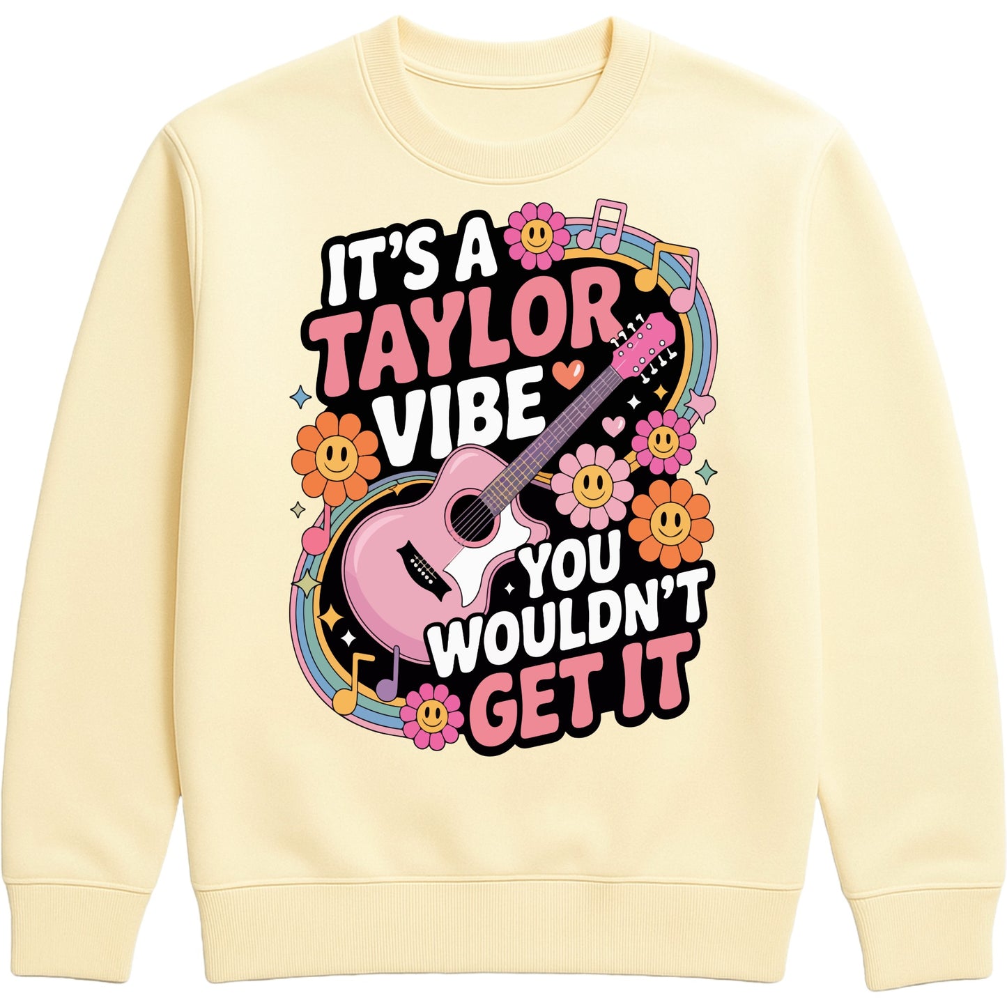 Cosy vanilla milkshake It's A Taylor Vibe You Wouldn't Get It retro music fan sweatshirt in pink featuring a colourful guitar, flowers, rainbow accents, musical notes, and playful typography for pop music lovers and concert fans.