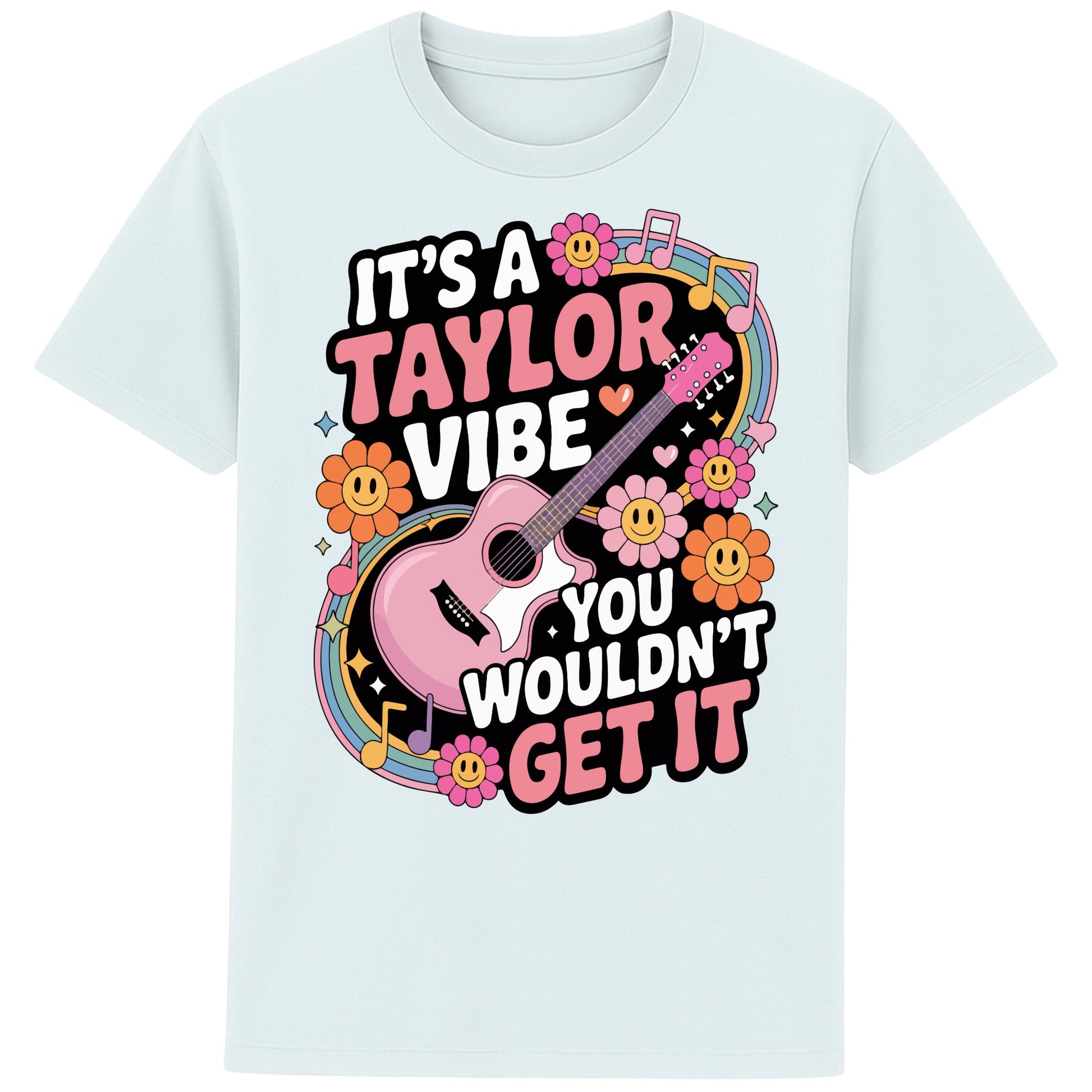 Blue ice colour It's A Taylor Vibe You Wouldn't Get It retro pop music graphic T-shirt in yellow featuring a pink guitar, colourful flowers, music notes, hearts, and playful typography for Taylor-inspired music fans.