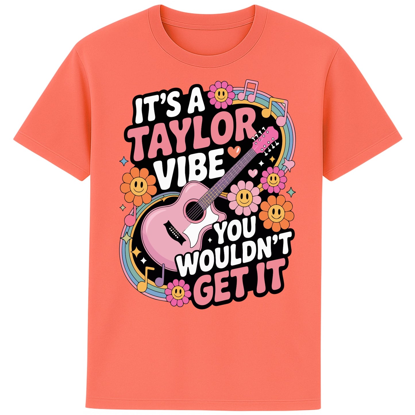 Fiesta colour It's A Taylor Vibe You Wouldn't Get It retro pop music graphic T-shirt in yellow featuring a pink guitar, colourful flowers, music notes, hearts, and playful typography for Taylor-inspired music fans.