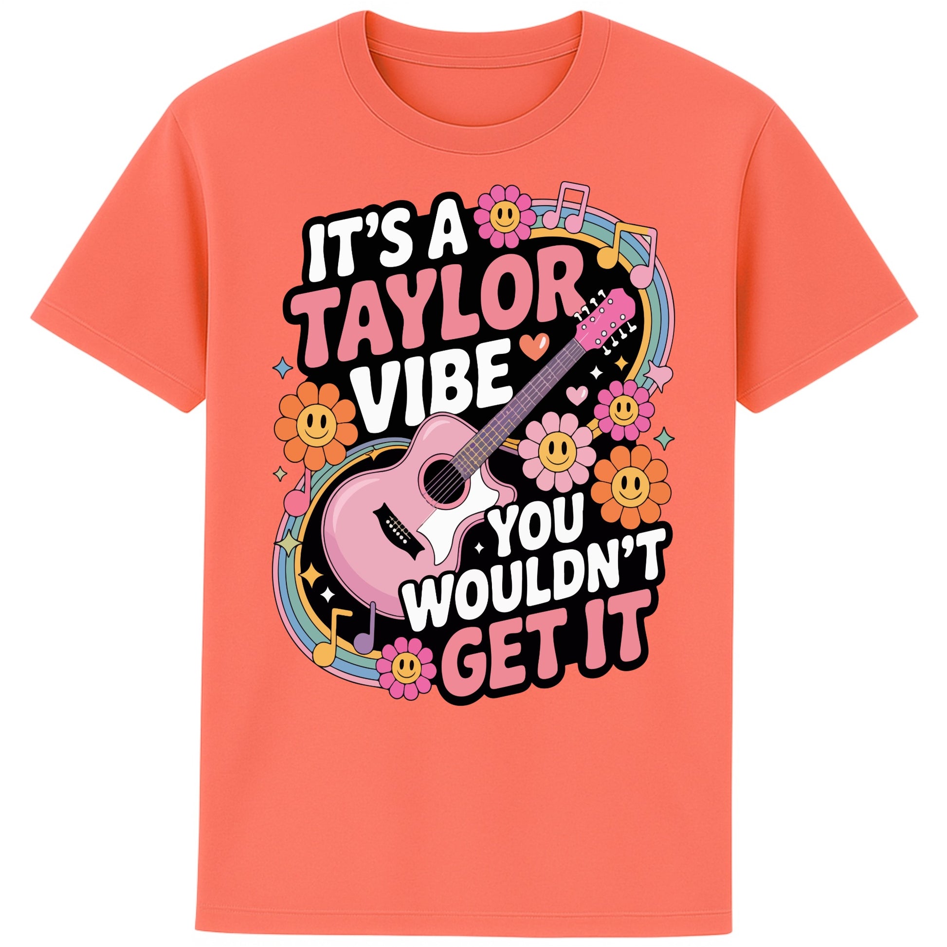 Fiesta colour It's A Taylor Vibe You Wouldn't Get It retro pop music graphic T-shirt in yellow featuring a pink guitar, colourful flowers, music notes, hearts, and playful typography for Taylor-inspired music fans.