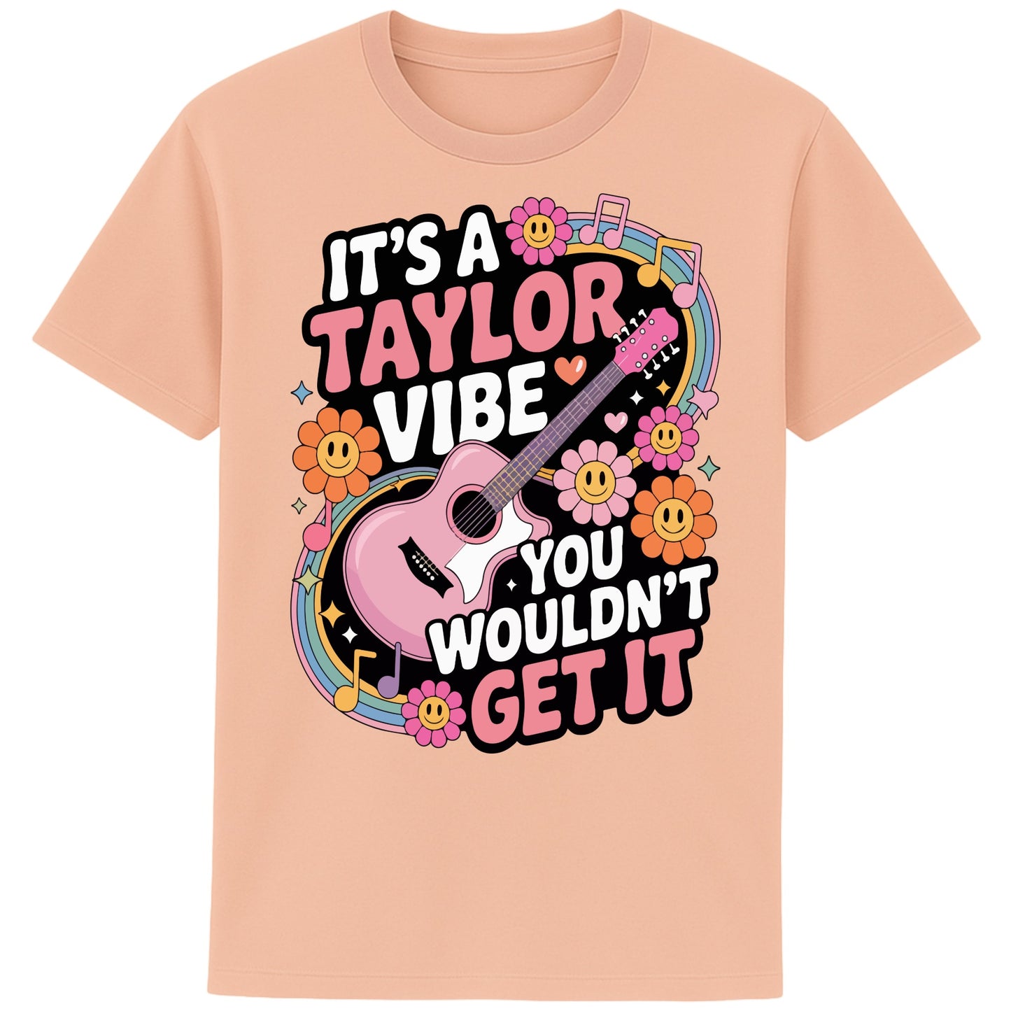 Fraiche peche colour It's A Taylor Vibe You Wouldn't Get It retro pop music graphic T-shirt in yellow featuring a pink guitar, colourful flowers, music notes, hearts, and playful typography for Taylor-inspired music fans.