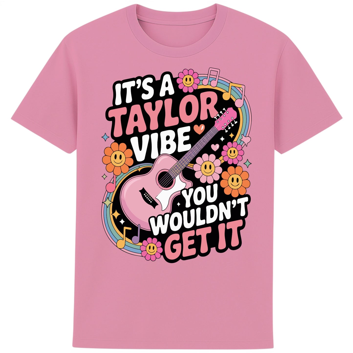 Lilac dream colour It's A Taylor Vibe You Wouldn't Get It retro pop music graphic T-shirt in yellow featuring a pink guitar, colourful flowers, music notes, hearts, and playful typography for Taylor-inspired music fans.