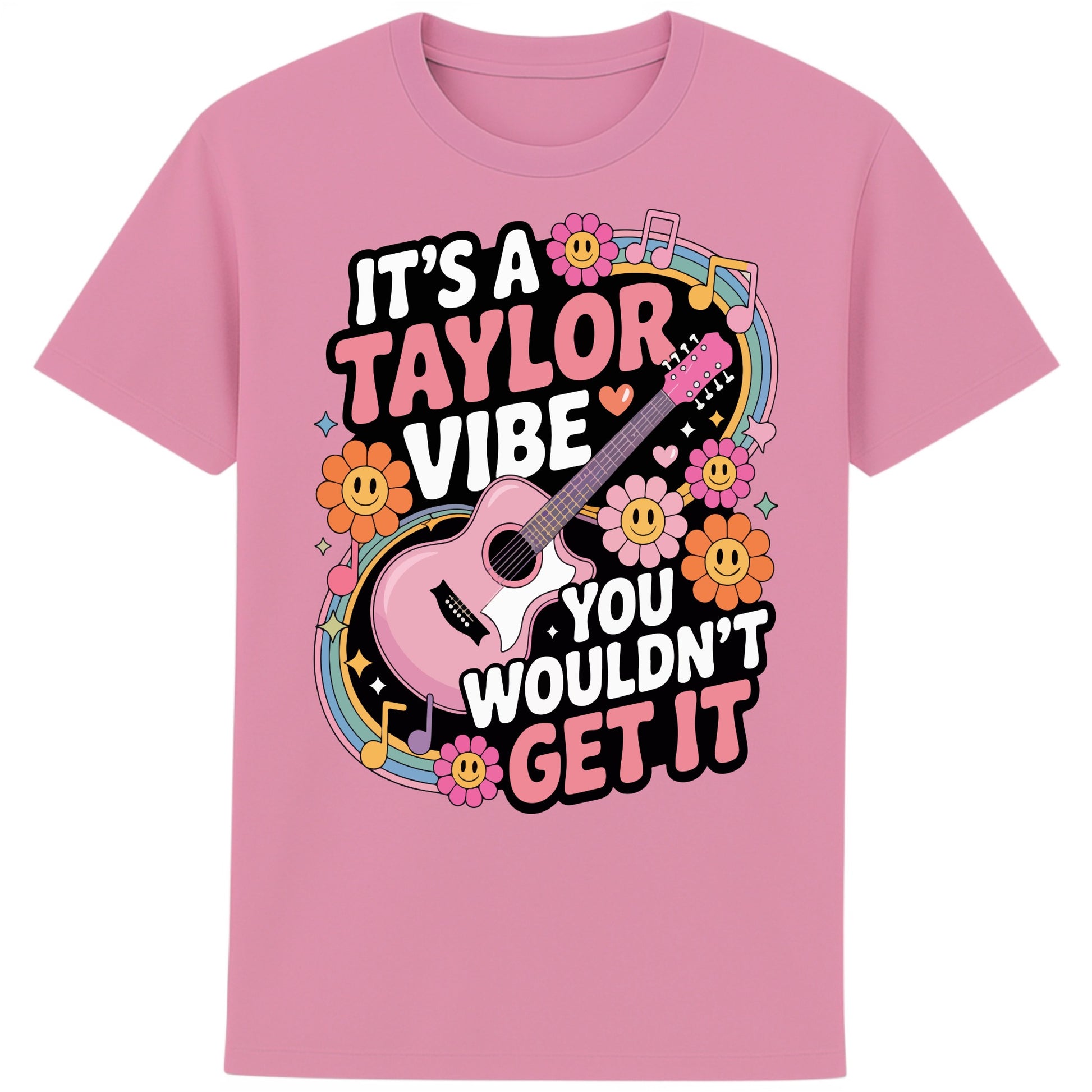 Lilac dream colour It's A Taylor Vibe You Wouldn't Get It retro pop music graphic T-shirt in yellow featuring a pink guitar, colourful flowers, music notes, hearts, and playful typography for Taylor-inspired music fans.