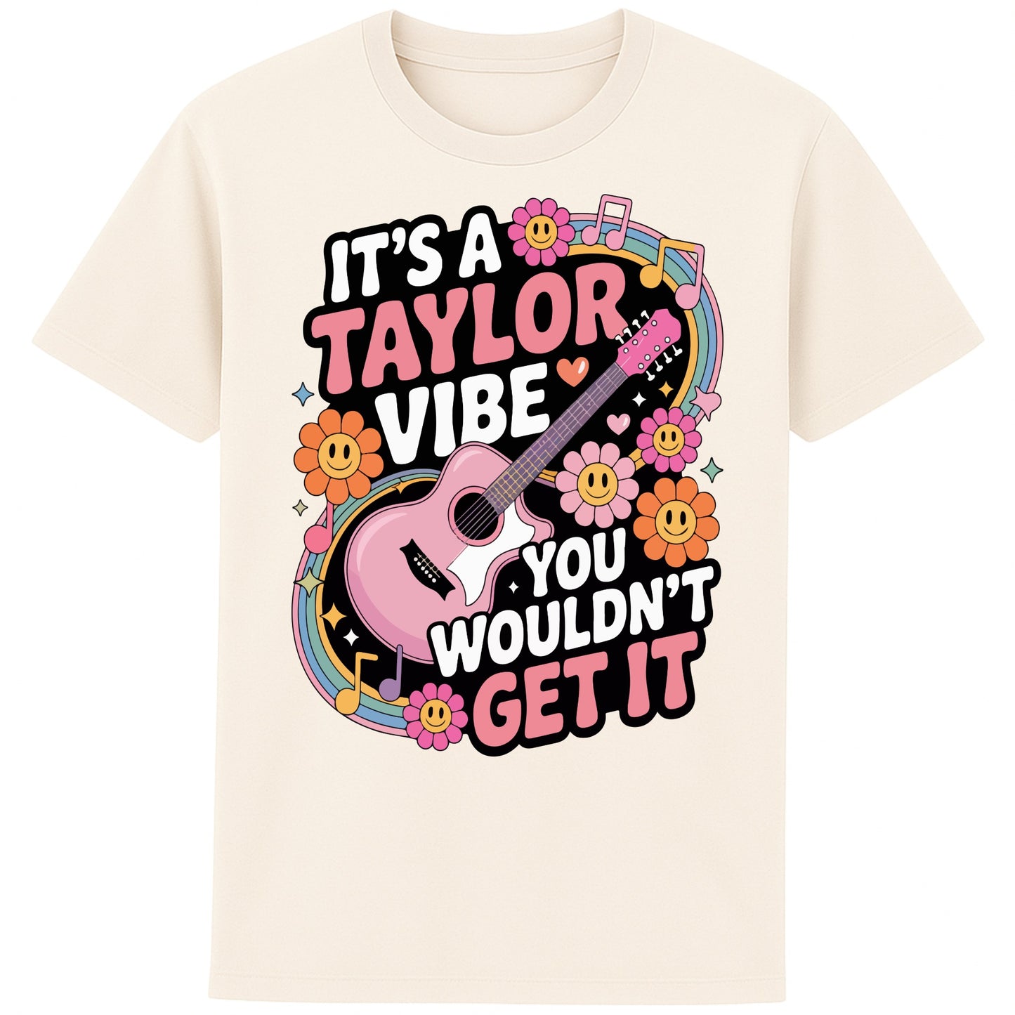 Naturel colour It's A Taylor Vibe You Wouldn't Get It retro pop music graphic T-shirt in yellow featuring a pink guitar, colourful flowers, music notes, hearts, and playful typography for Taylor-inspired music fans.