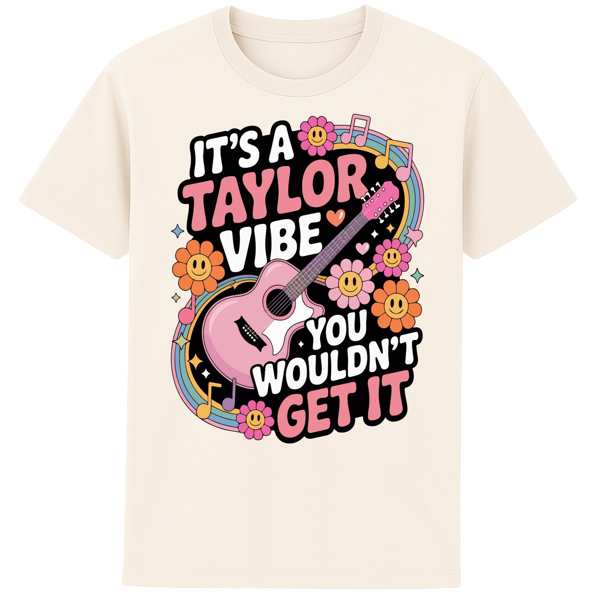 Naturel colour It's A Taylor Vibe You Wouldn't Get It retro pop music graphic T-shirt in yellow featuring a pink guitar, colourful flowers, music notes, hearts, and playful typography for Taylor-inspired music fans.