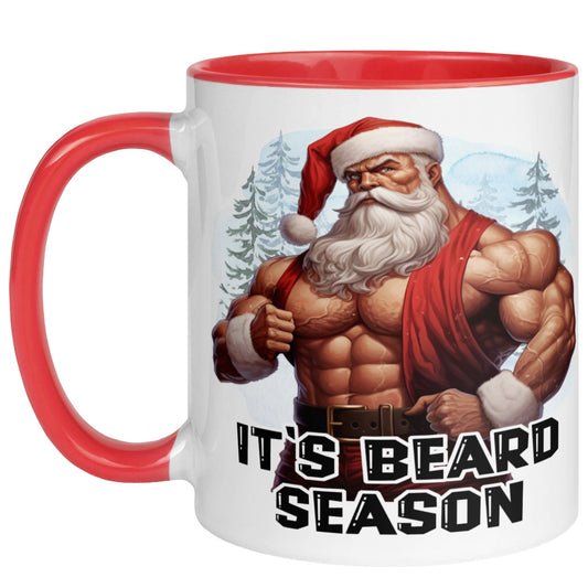 Funny Christmas coffee mug with a muscular Santa and bold “It’s Beard Season” design, perfect for holiday mornings and gifting.