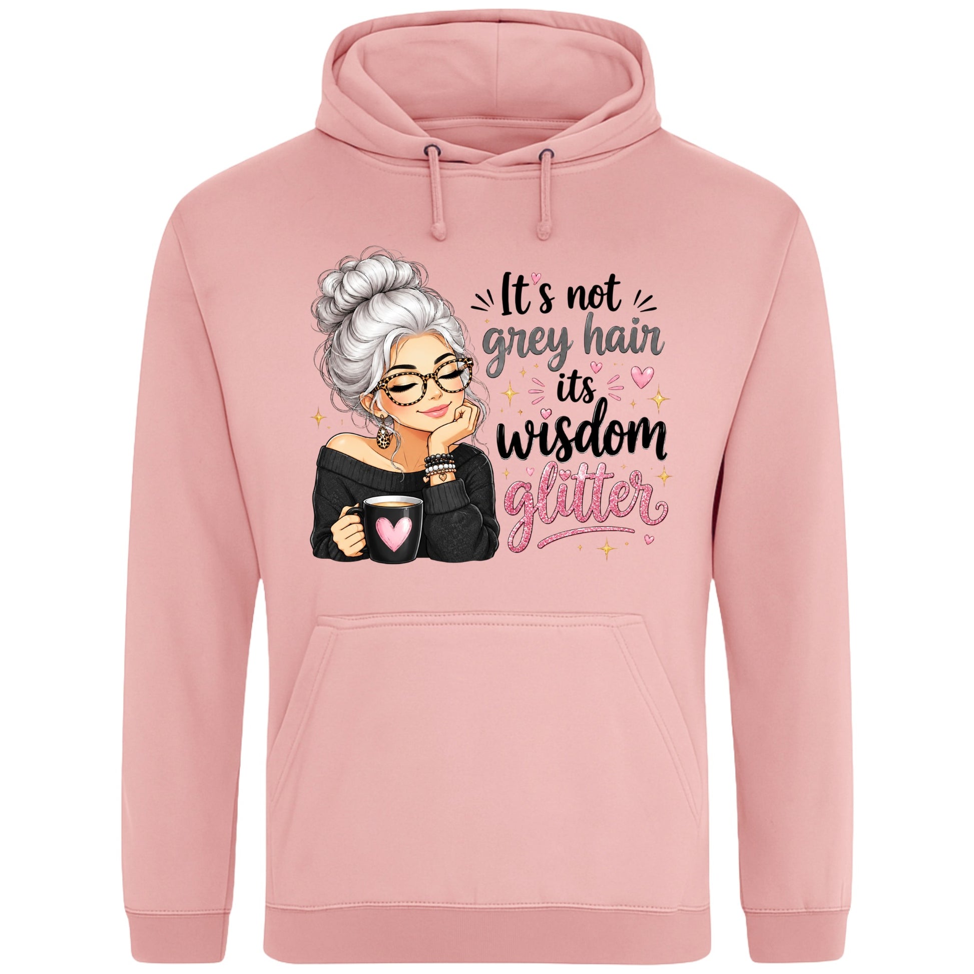 Dusty Pink hoodie featuring the It's Not Grey Hair, It's Wisdom Glitter design with a silver-haired woman holding a coffee and an inspirational quote.