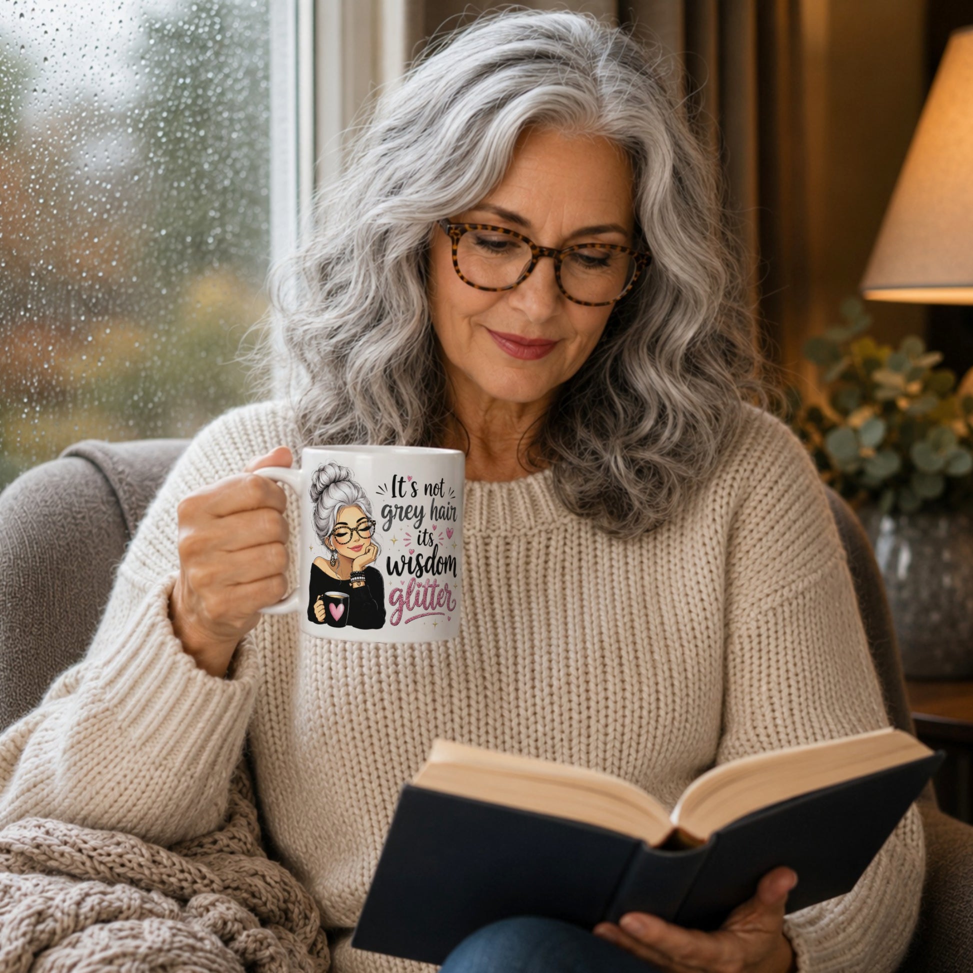 Woman with long silver hair reading a book while holding the "It's Not Grey Hair, It's Wisdom Glitter" ceramic coffee mug in a cosy living room by the window.