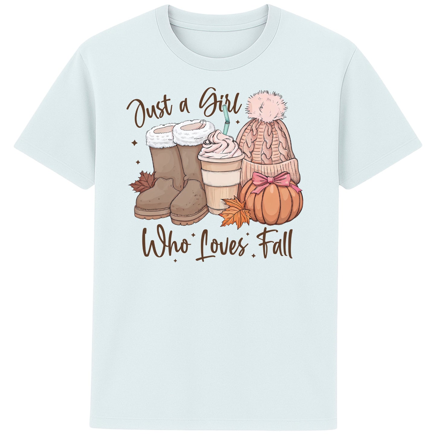 Blue Ice colour Just a Girl Who Loves Fall graphic T-shirt featuring pumpkins, autumn leaves, cosy boots, a pumpkin spice latte and a knitted beanie, perfect for fall lovers and autumn outfits.