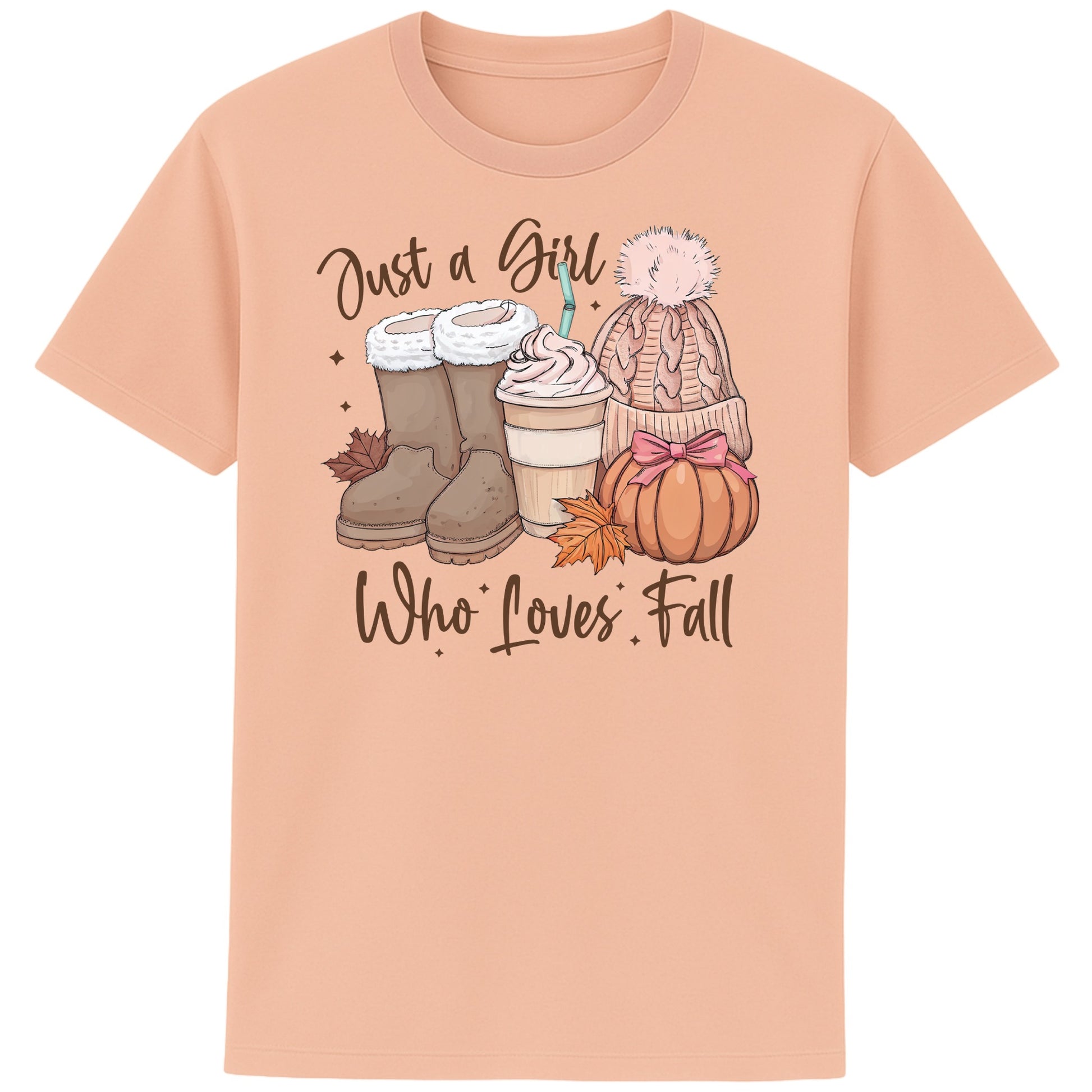 Fraiche Peche colour Just a Girl Who Loves Fall graphic T-shirt featuring pumpkins, autumn leaves, cosy boots, a pumpkin spice latte and a knitted beanie, perfect for fall lovers and autumn outfits.