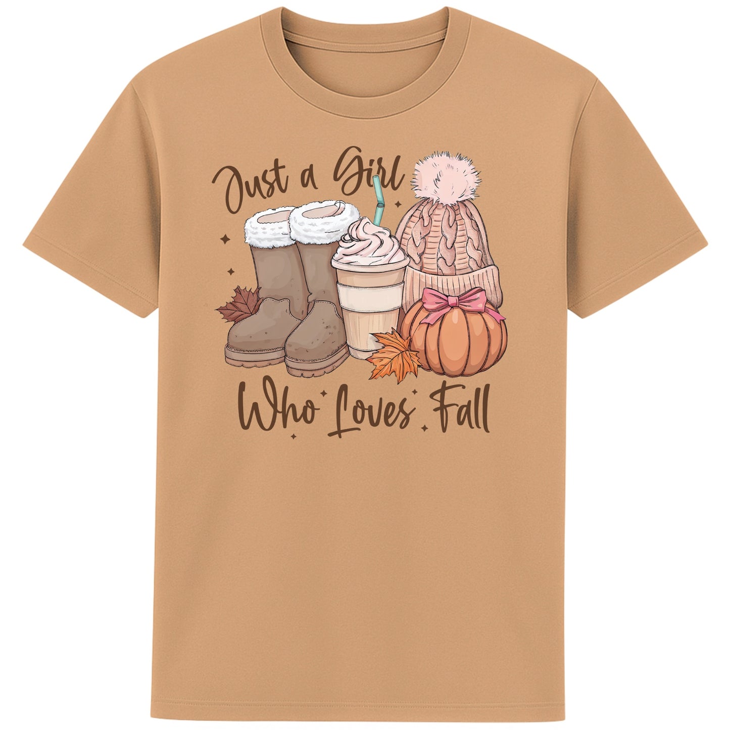 Latte colour Just a Girl Who Loves Fall graphic T-shirt featuring pumpkins, autumn leaves, cosy boots, a pumpkin spice latte and a knitted beanie, perfect for fall lovers and autumn outfits.