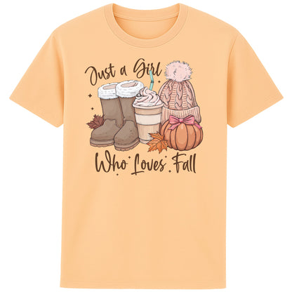 Nispresso colour Just a Girl Who Loves Fall graphic T-shirt featuring pumpkins, autumn leaves, cosy boots, a pumpkin spice latte and a knitted beanie, perfect for fall lovers and autumn outfits.