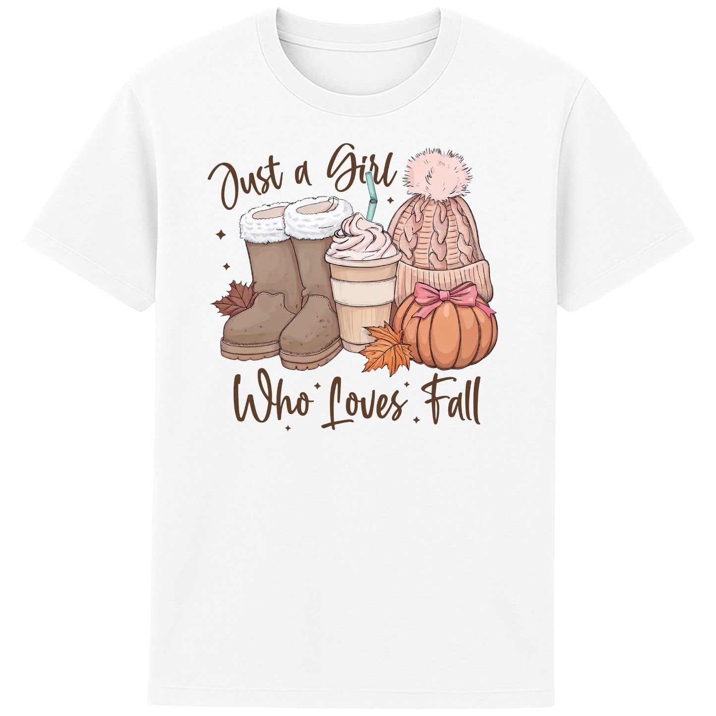 White Just a Girl Who Loves Fall graphic T-shirt featuring pumpkins, autumn leaves, cosy boots, a pumpkin spice latte and a knitted beanie, perfect for fall lovers and autumn outfits.