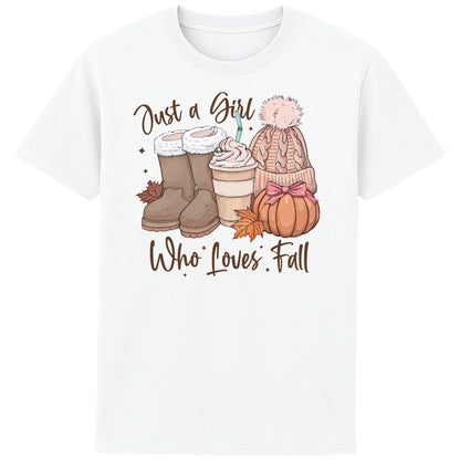 White Just a Girl Who Loves Fall graphic T-shirt featuring pumpkins, autumn leaves, cosy boots, a pumpkin spice latte and a knitted beanie, perfect for fall lovers and autumn outfits.