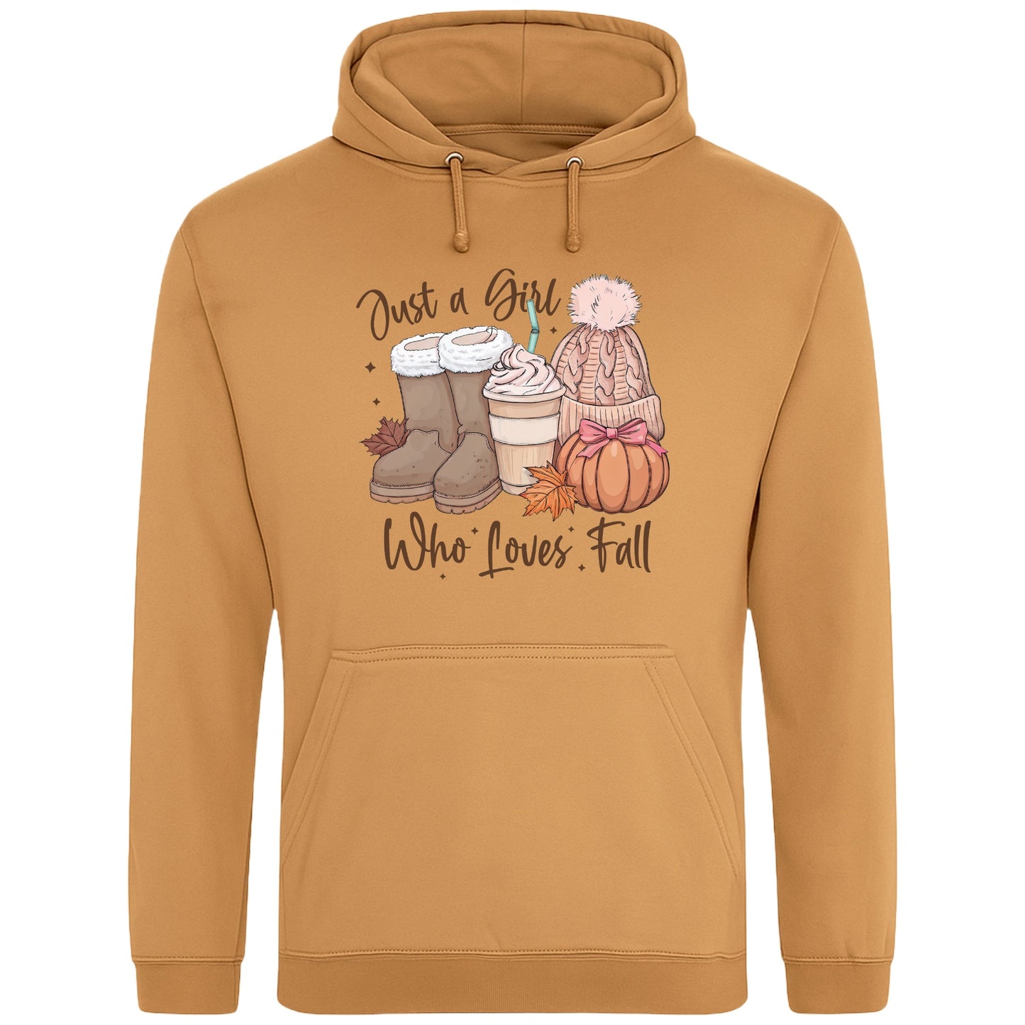 Caramel latte colour Just a Girl Who Loves Fall hoodie featuring cosy autumn boots, a pumpkin spice latte, knitted beanie, colourful autumn leaves and pumpkin artwork, cosy autumn hoodie for women and fall lovers.