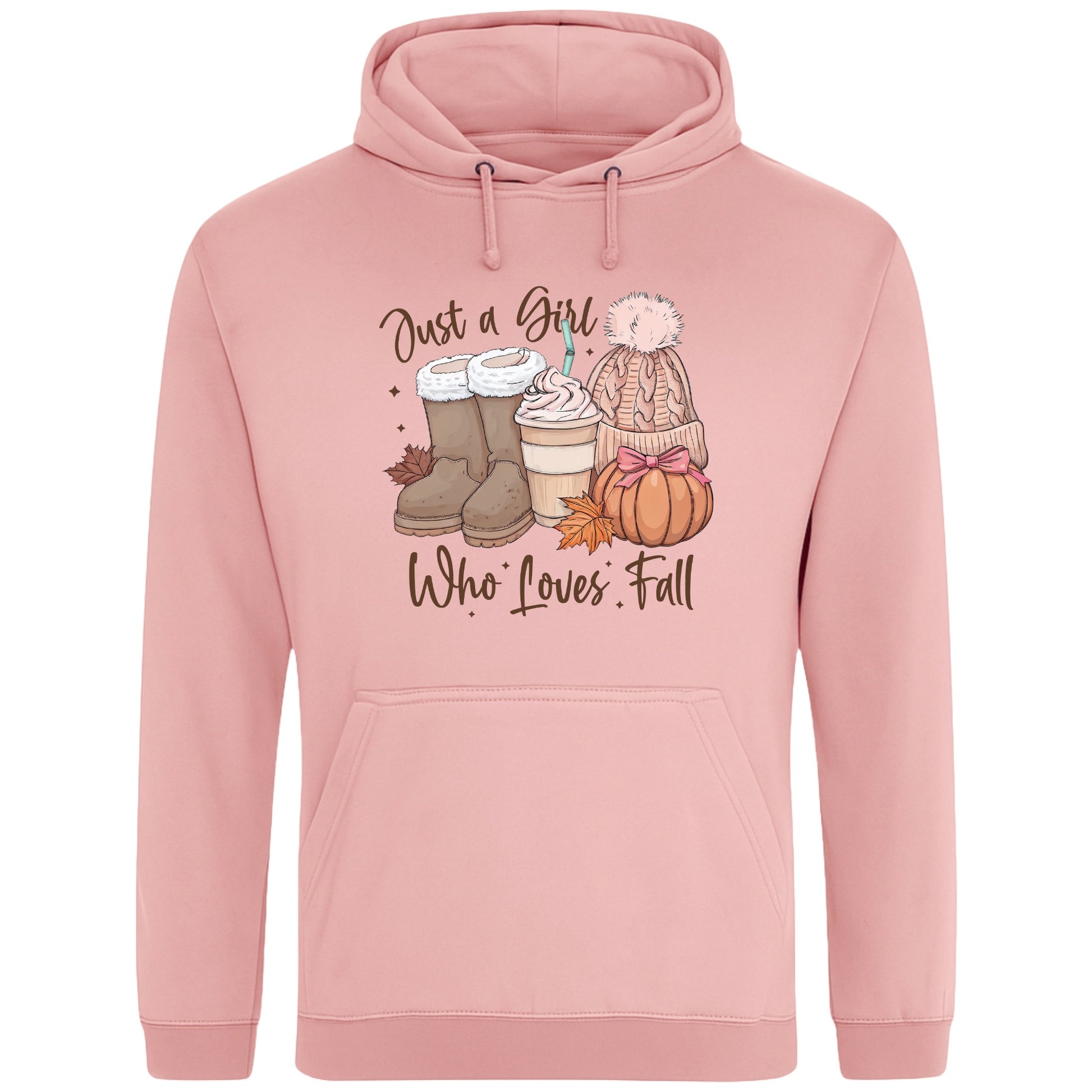 Dusty Pink Colour Just a Girl Who Loves Fall hoodie featuring cosy autumn boots, a pumpkin spice latte, knitted beanie, colourful autumn leaves and pumpkin artwork, cosy autumn hoodie for women and fall lovers.