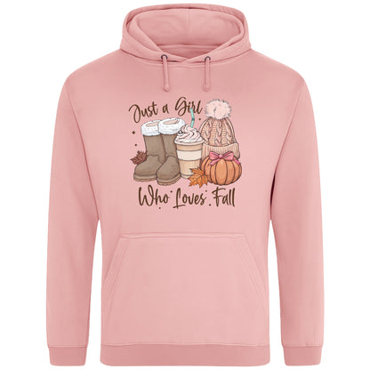 Dusty Pink Colour Just a Girl Who Loves Fall hoodie featuring cosy autumn boots, a pumpkin spice latte, knitted beanie, colourful autumn leaves and pumpkin artwork, cosy autumn hoodie for women and fall lovers.