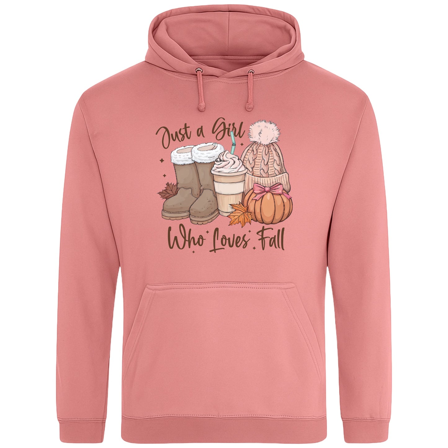 Dusty Rose Colour Just a Girl Who Loves Fall hoodie featuring cosy autumn boots, a pumpkin spice latte, knitted beanie, colourful autumn leaves and pumpkin artwork, cosy autumn hoodie for women and fall lovers.