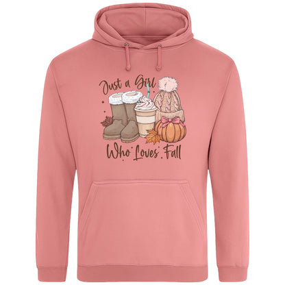 Dusty Rose Colour Just a Girl Who Loves Fall hoodie featuring cosy autumn boots, a pumpkin spice latte, knitted beanie, colourful autumn leaves and pumpkin artwork, cosy autumn hoodie for women and fall lovers.