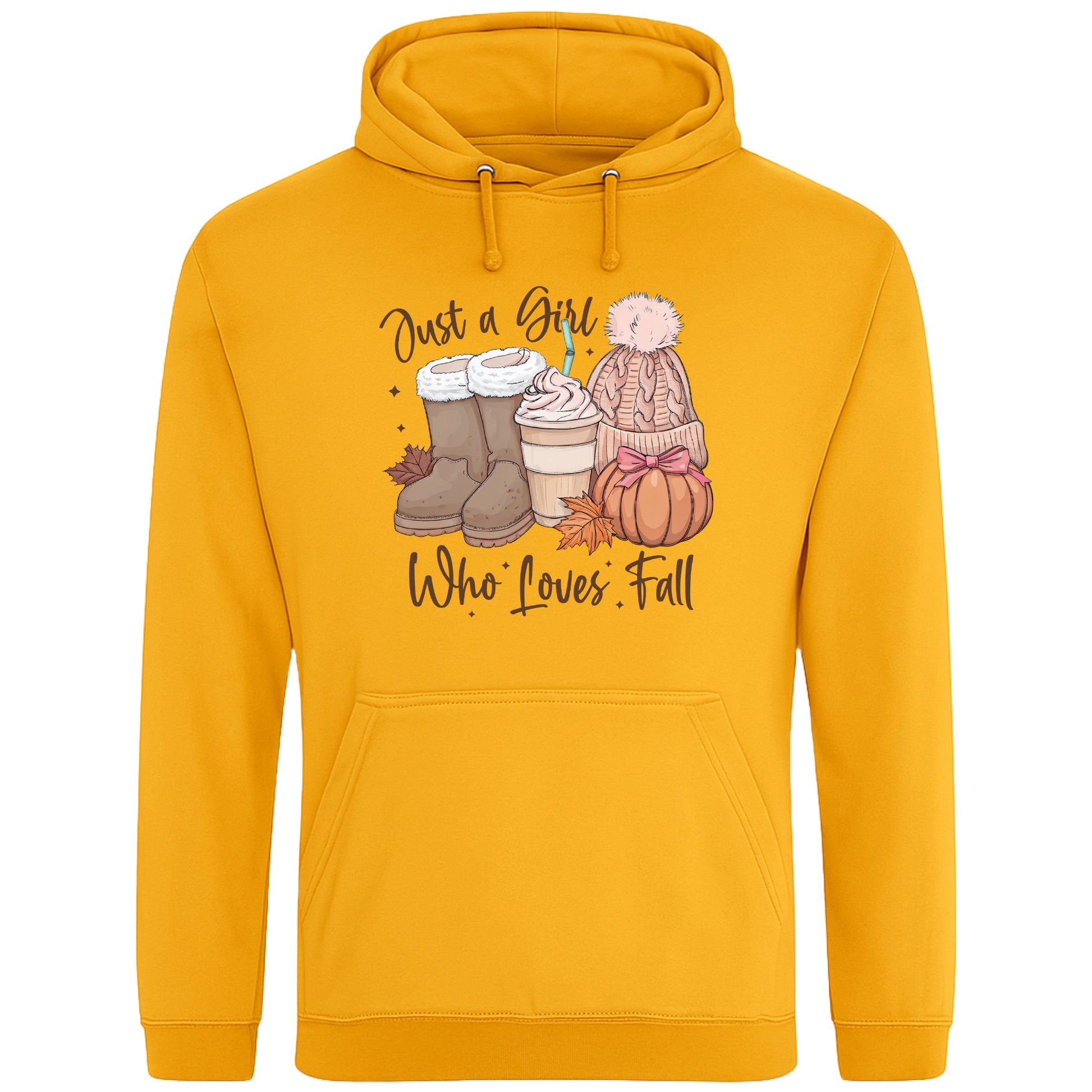Gold Colour Just a Girl Who Loves Fall hoodie featuring cosy autumn boots, a pumpkin spice latte, knitted beanie, colourful autumn leaves and pumpkin artwork, cosy autumn hoodie for women and fall lovers.