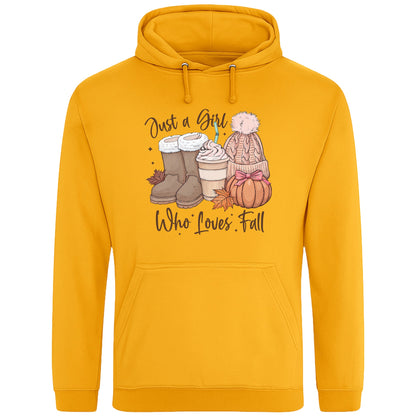 Gold Colour Just a Girl Who Loves Fall hoodie featuring cosy autumn boots, a pumpkin spice latte, knitted beanie, colourful autumn leaves and pumpkin artwork, cosy autumn hoodie for women and fall lovers.