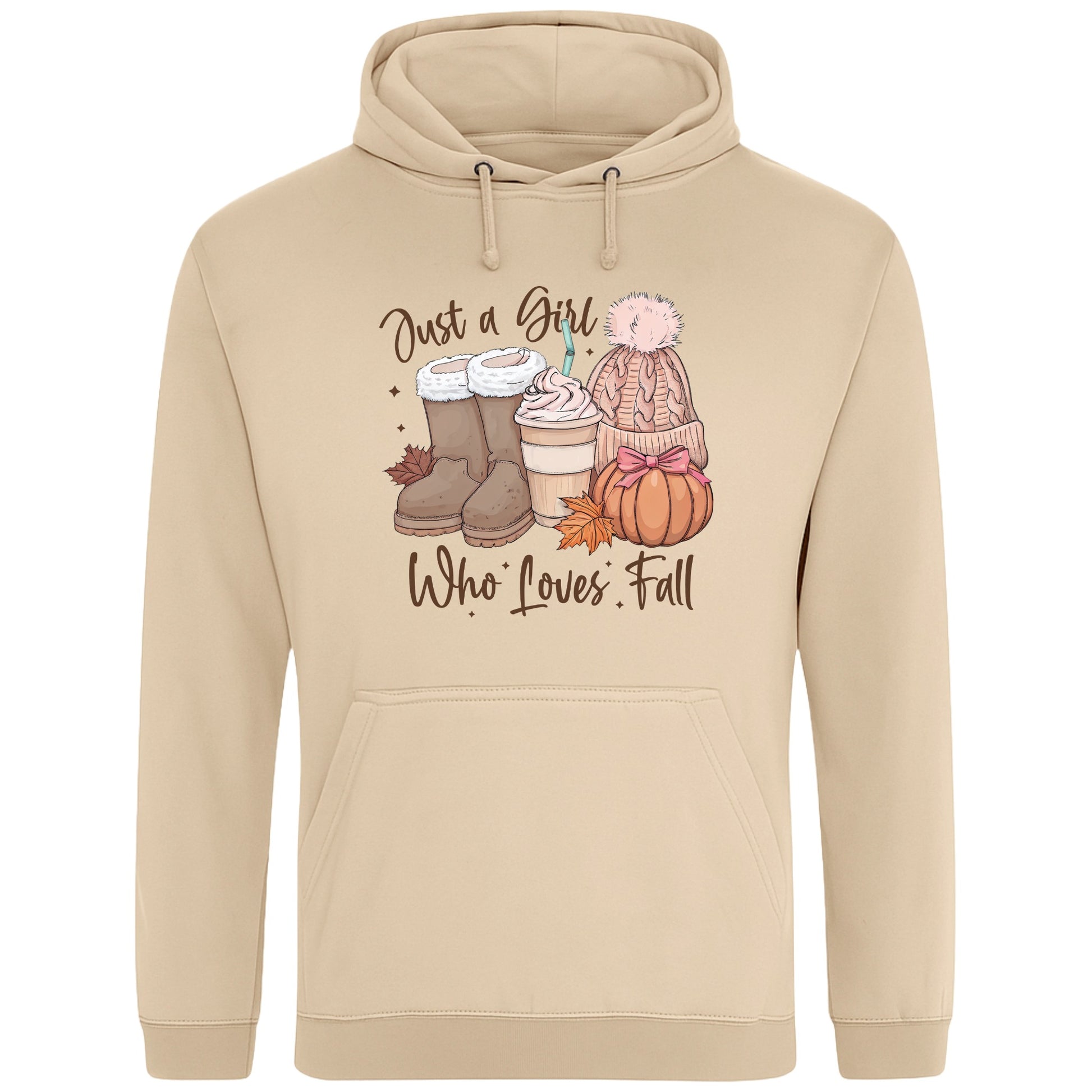 Nude Colour Just a Girl Who Loves Fall hoodie featuring cosy autumn boots, a pumpkin spice latte, knitted beanie, colourful autumn leaves and pumpkin artwork, cosy autumn hoodie for women and fall lovers.