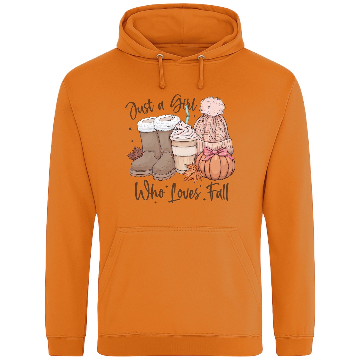 Pumpkin Colour Just a Girl Who Loves Fall hoodie featuring cosy autumn boots, a pumpkin spice latte, knitted beanie, colourful autumn leaves and pumpkin artwork, cosy autumn hoodie for women and fall lovers.