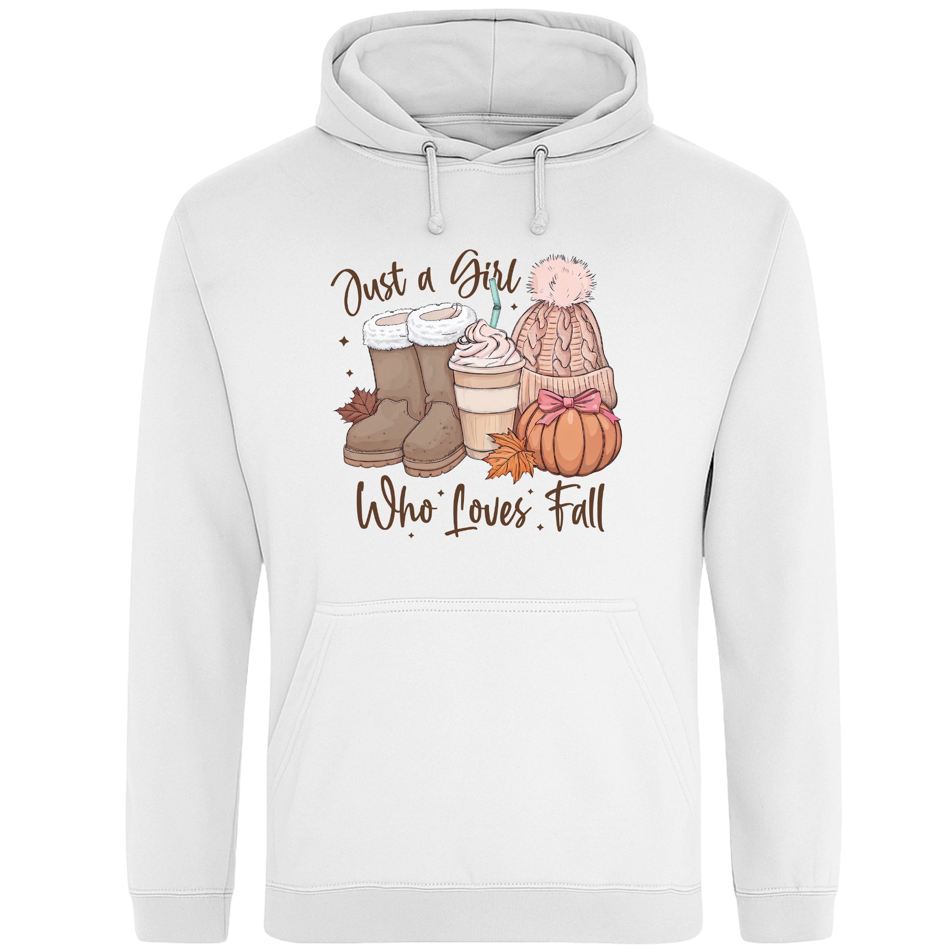 White Just a Girl Who Loves Fall hoodie featuring cosy autumn boots, a pumpkin spice latte, knitted beanie, colourful autumn leaves and pumpkin artwork, cosy autumn hoodie for women and fall lovers.