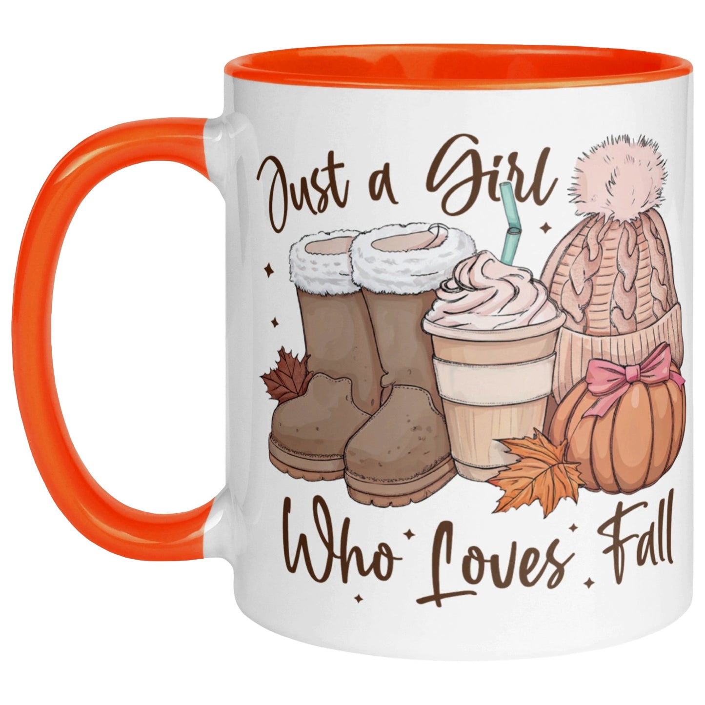 Orange Just A Girl Who Loves Fall coffee mug featuring autumn boots, a pumpkin spice latte, knitted beanie, colourful fall leaves and a pumpkin, perfect as a cute autumn coffee mug for fall lovers.