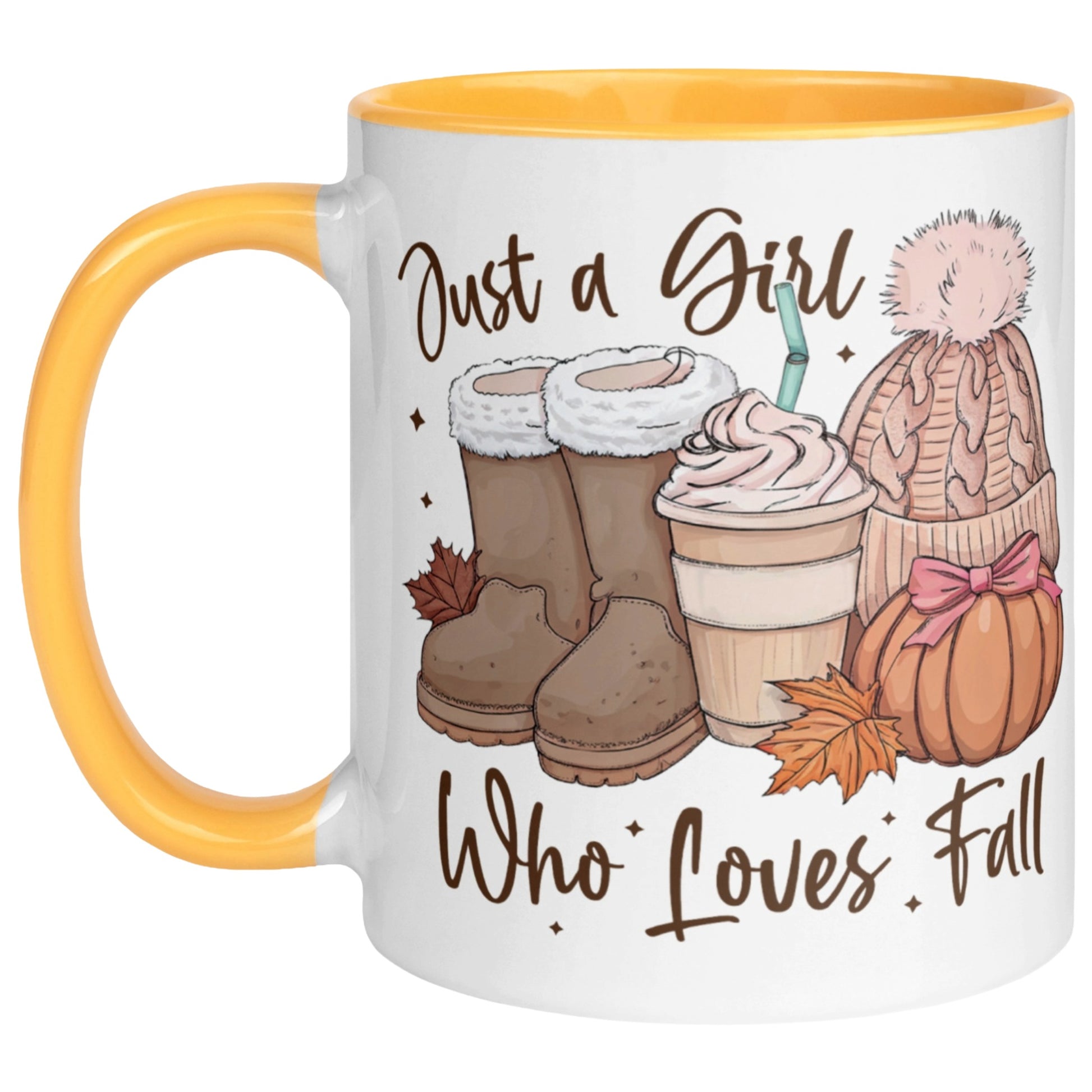 Yellow Just A Girl Who Loves Fall coffee mug featuring autumn boots, a pumpkin spice latte, knitted beanie, colourful fall leaves and a pumpkin, perfect as a cute autumn coffee mug for fall lovers
