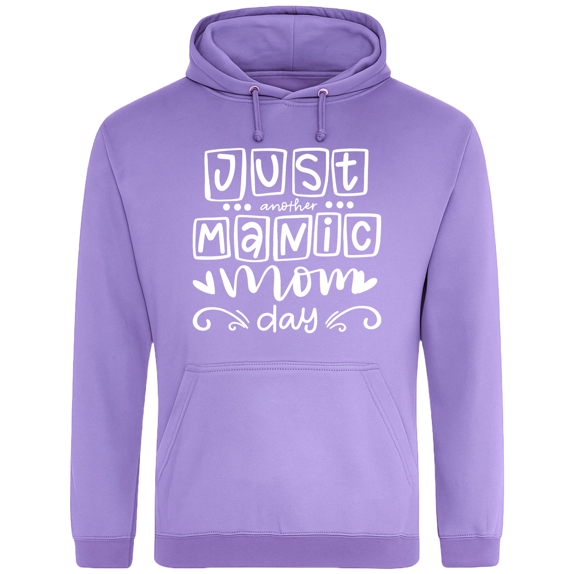 Lavender hoodie with 'Just Another Manic Mom Day' printed on the front, styled for casual everyday wear, perfect for moms balancing busy lives.