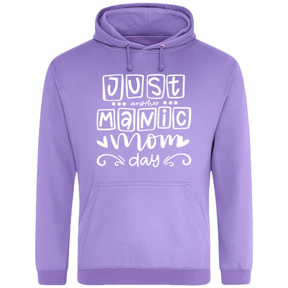 Lavender hoodie with 'Just Another Manic Mom Day' printed on the front, styled for casual everyday wear, perfect for moms balancing busy lives.