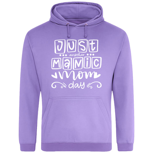 Lavender hoodie with 'Just Another Manic Mom Day' printed on the front, styled for casual everyday wear, perfect for moms balancing busy lives.