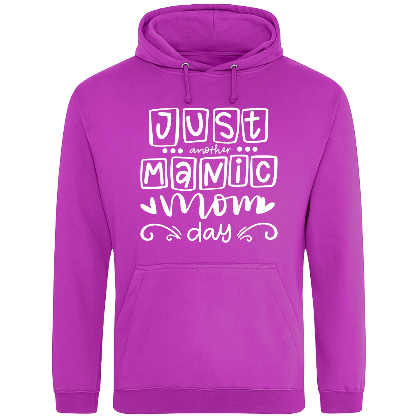 A pinky purple colour hoodie with 'Just Another Manic Mom Day' printed on the front, styled for casual everyday wear, perfect for moms balancing busy lives.