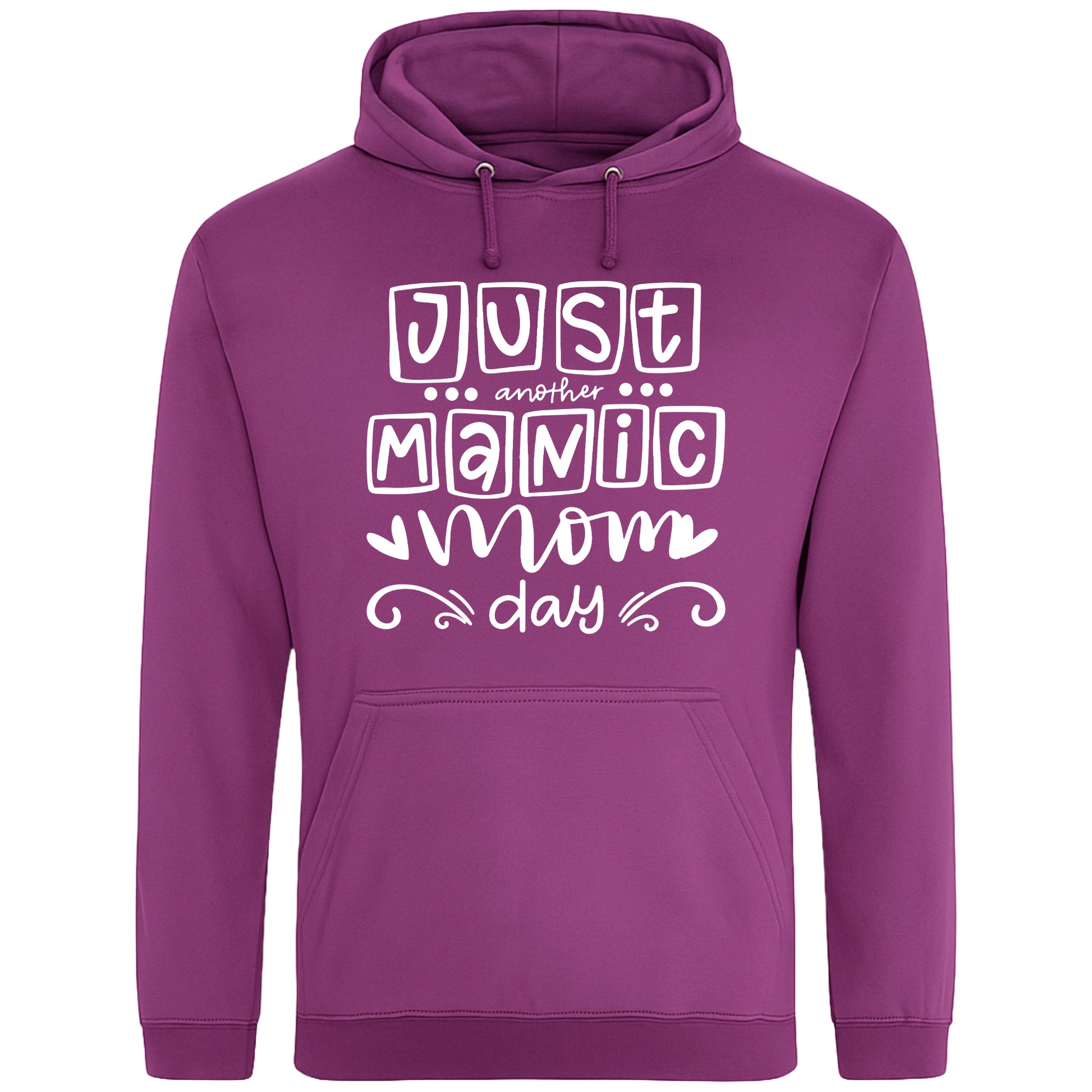 A plum hoodie with 'Just Another Manic Mom Day' printed on the front, styled for casual everyday wear, perfect for moms balancing busy lives.