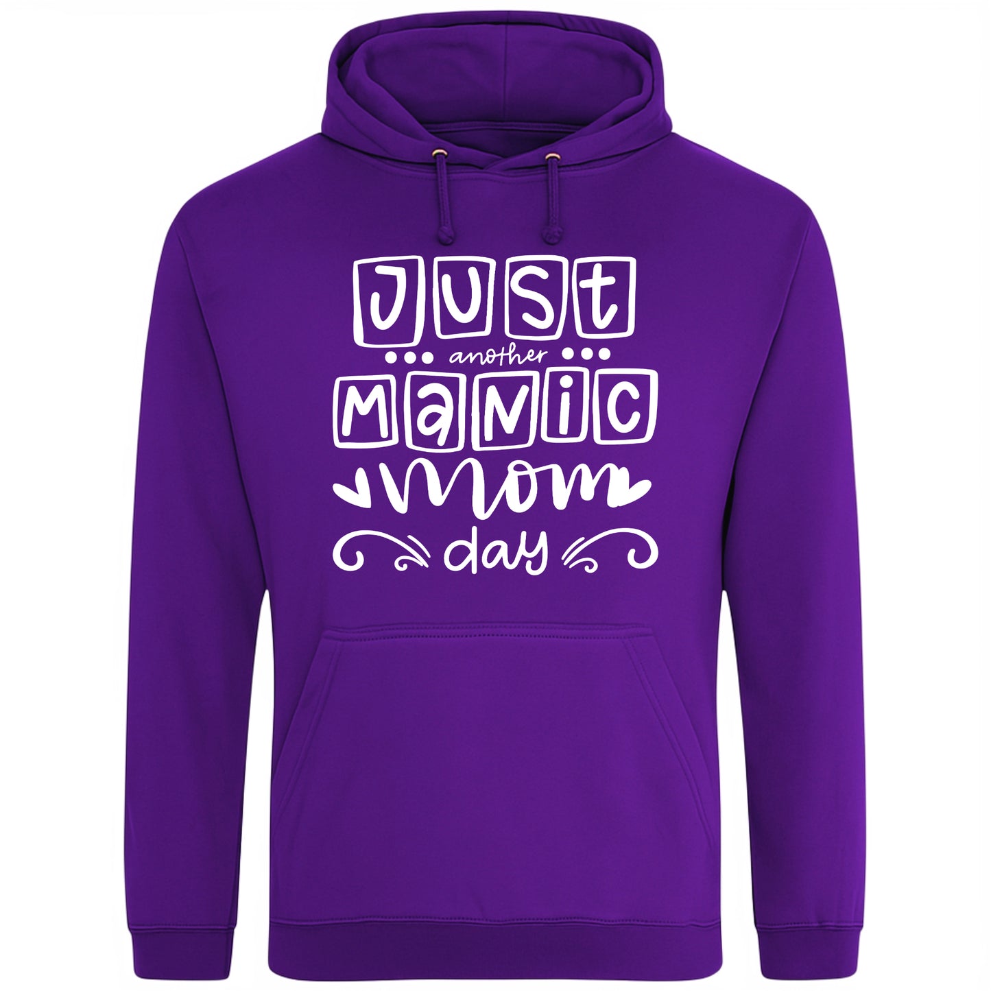 A purple hoodie with 'Just Another Manic Mom Day' printed on the front, styled for casual everyday wear, perfect for moms balancing busy lives.